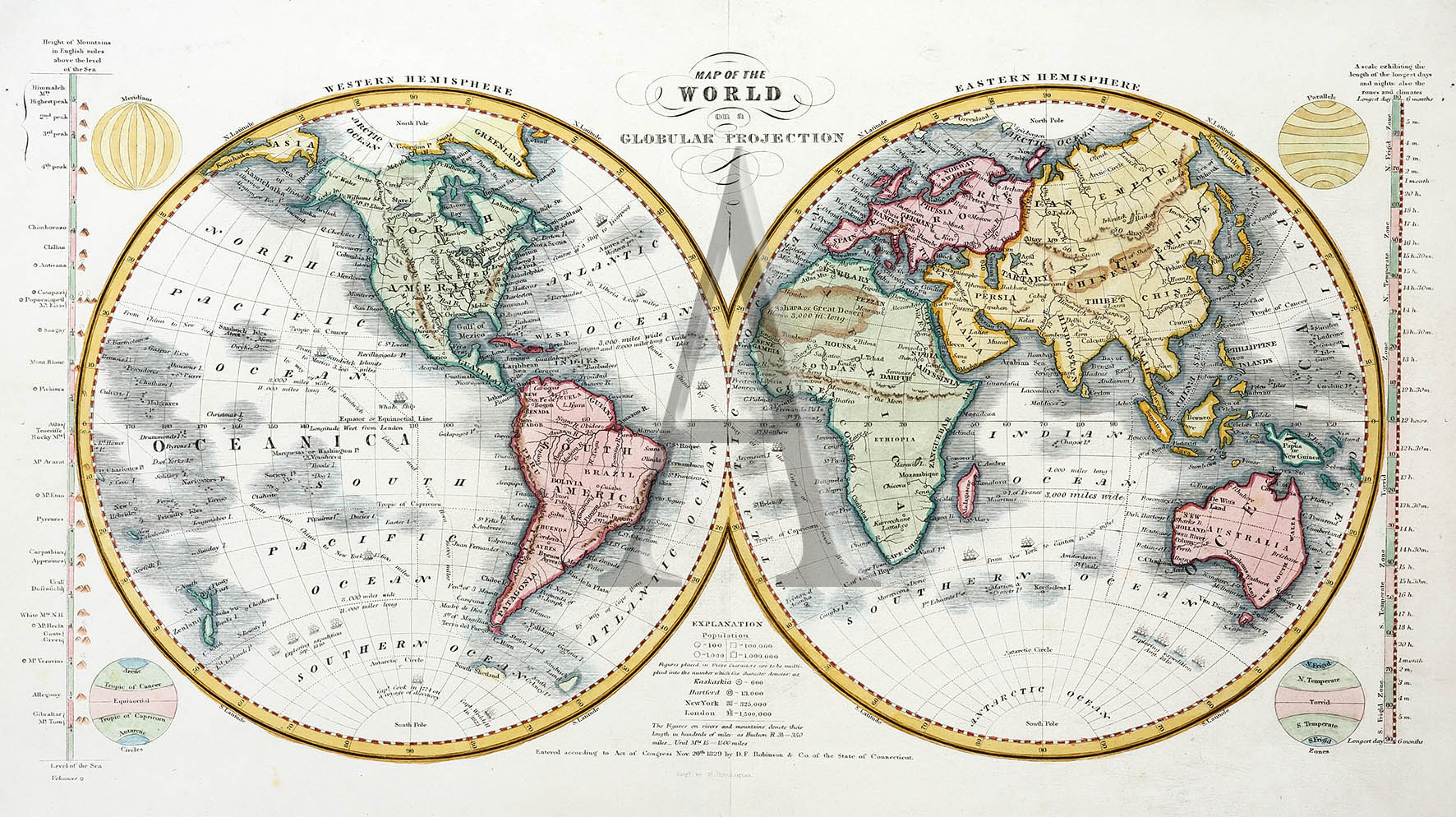 Map of the World on a Globular Projection. - Antique Print from 1829