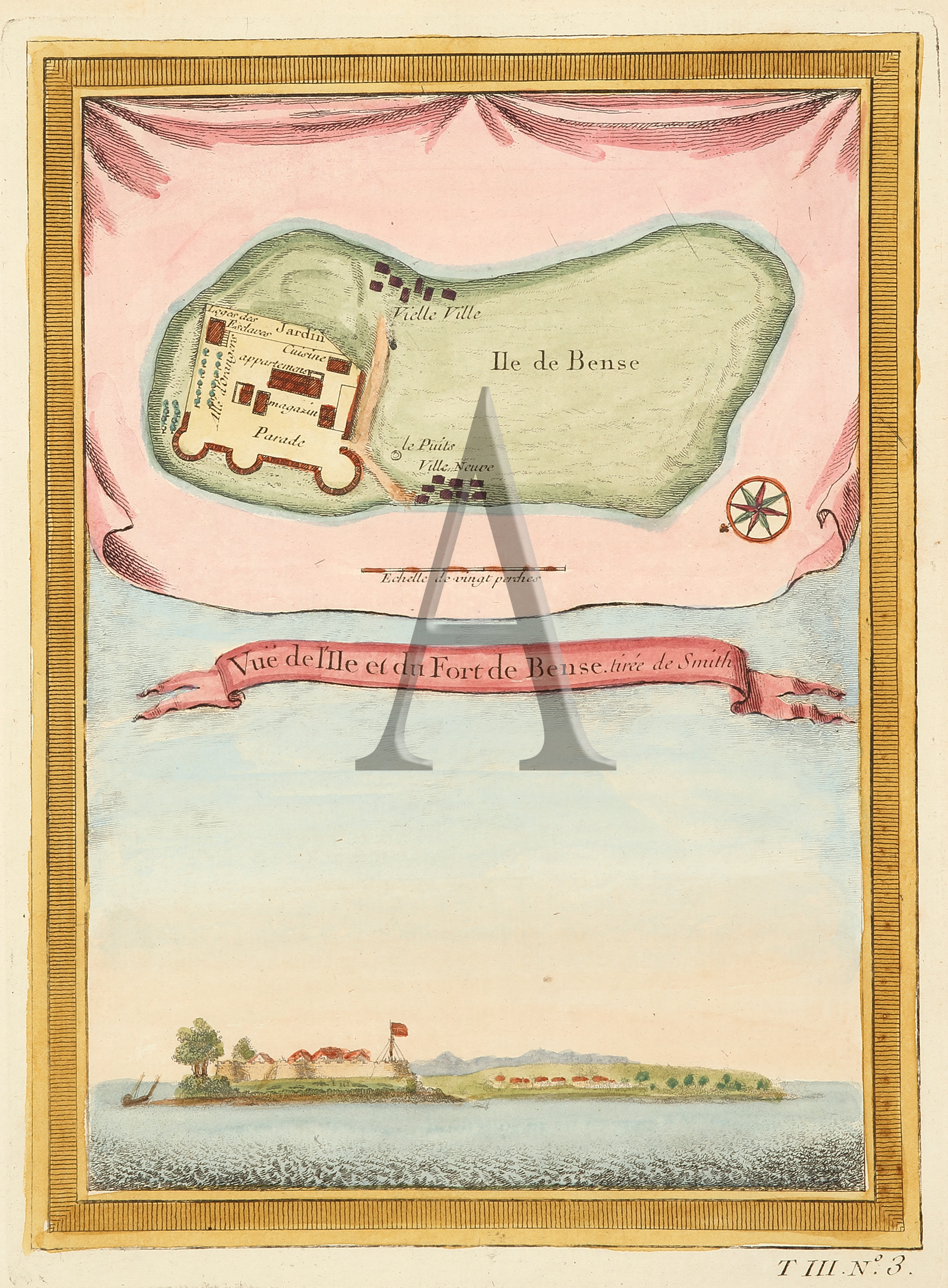 Vue de I'ile et du Fort de Bense. - Antique Print from 1764