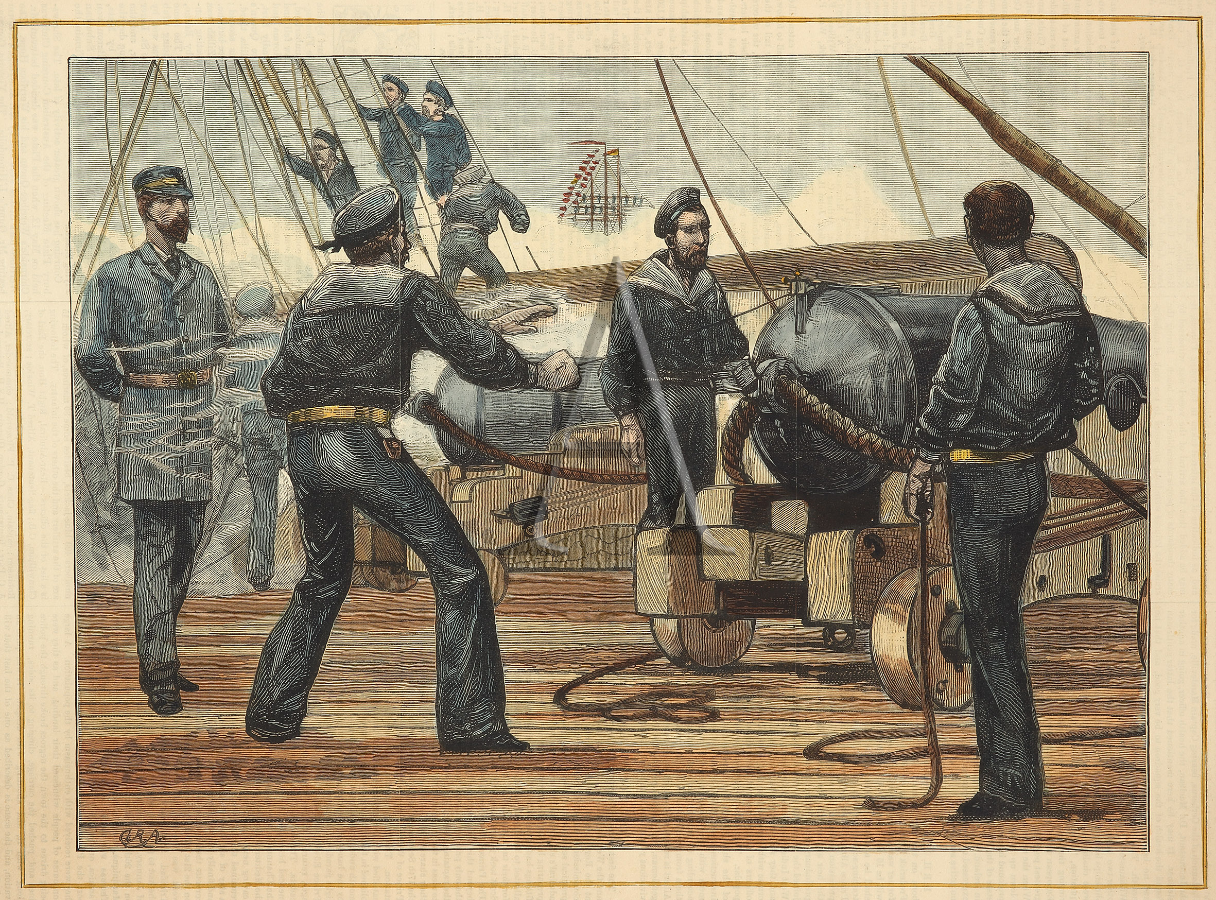 Saluting the Squadron on Board the Nelson. - Antique Print from 1881
