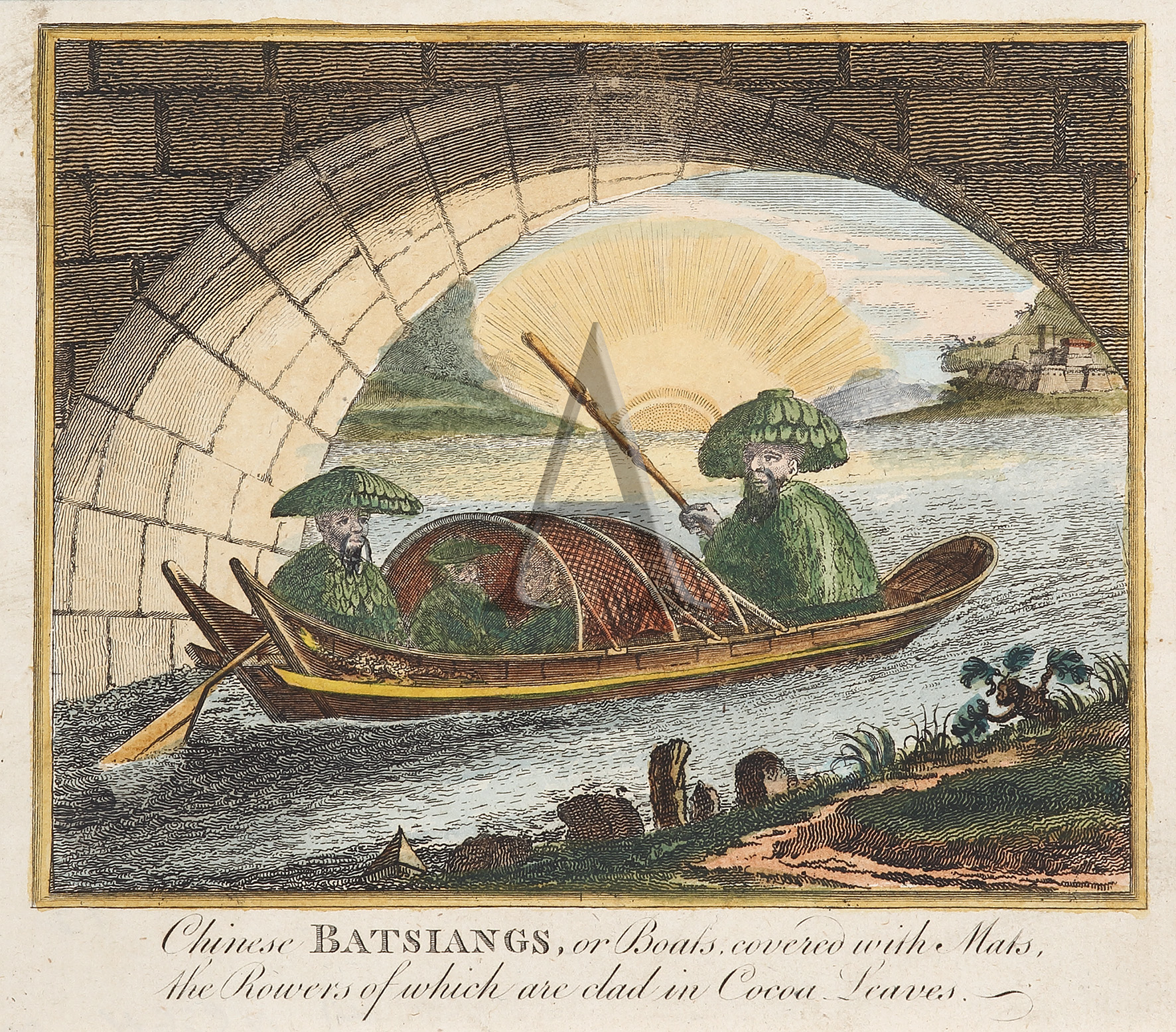 Chinese Batsiangs, or Boats covered with Mats, the Rowers of which are clad in Cocoa Leaves. - Antique Print from 1778