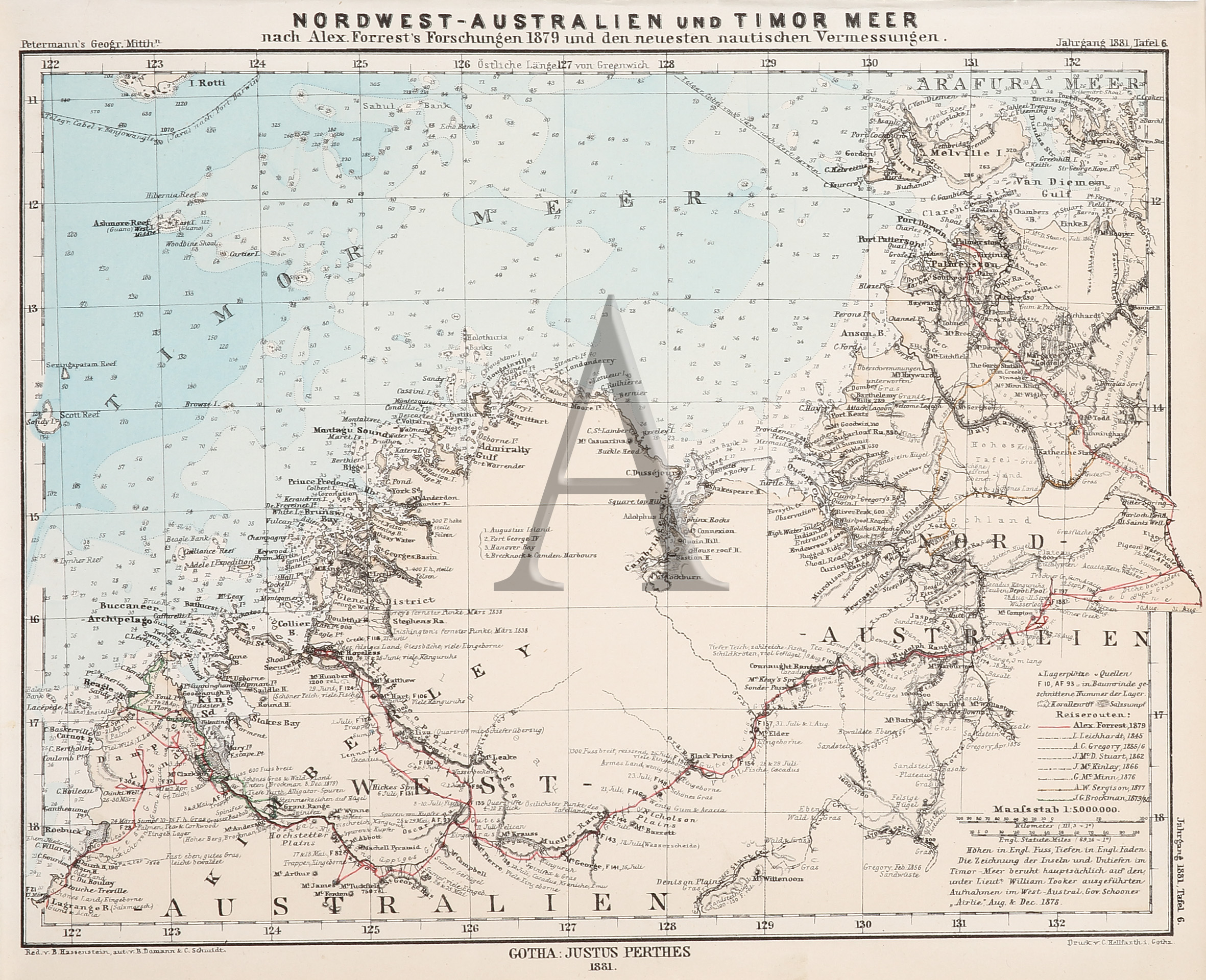 Nordwest-Australian und Timor Meer nach Alex. Forrest's Forschungen 1879 und den neuesten nautischen Vermessungen. - Antique Print from 1881
