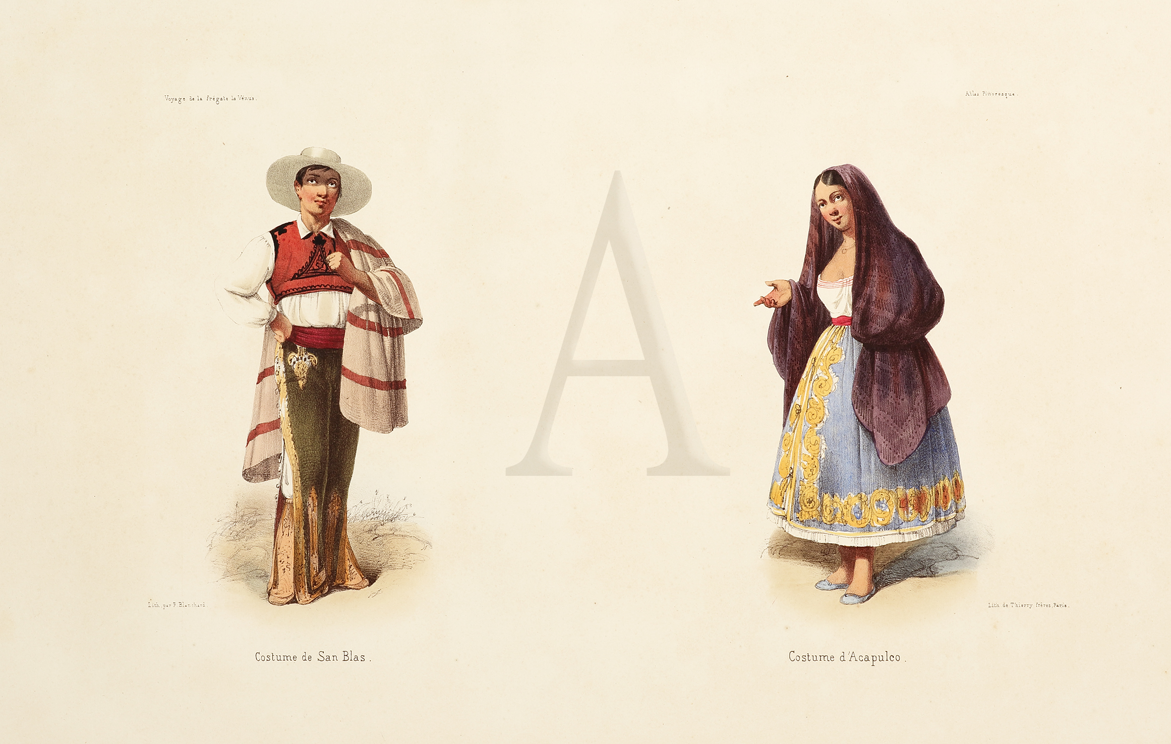 Costume de San Blas. Costume d'Acapulco. - Antique Print from 1841