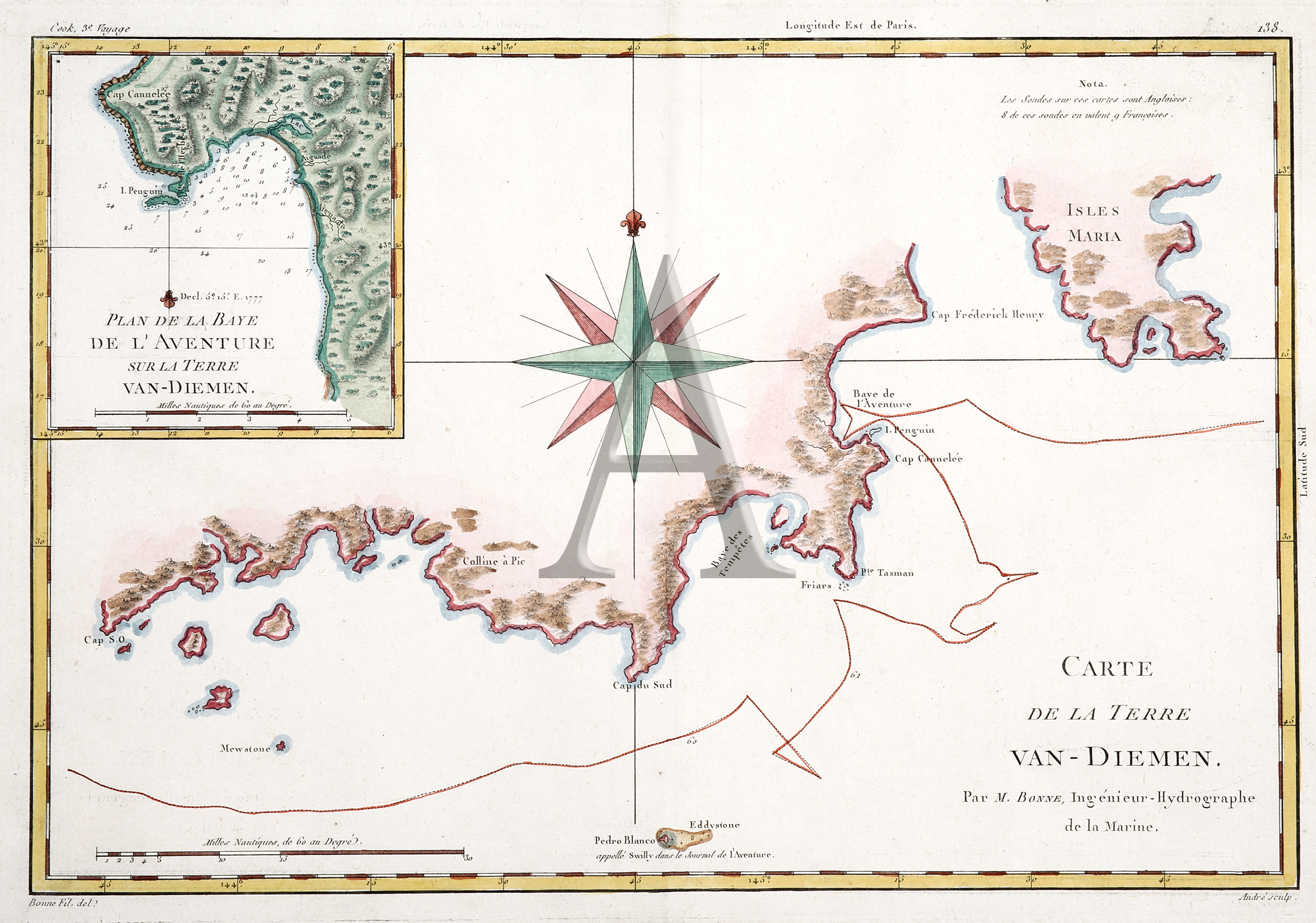 Carte de la Terre Van-Diemen. Par M.Bonne, Ingenieur-Hydrographe de la Marine. - Antique Map from 1788