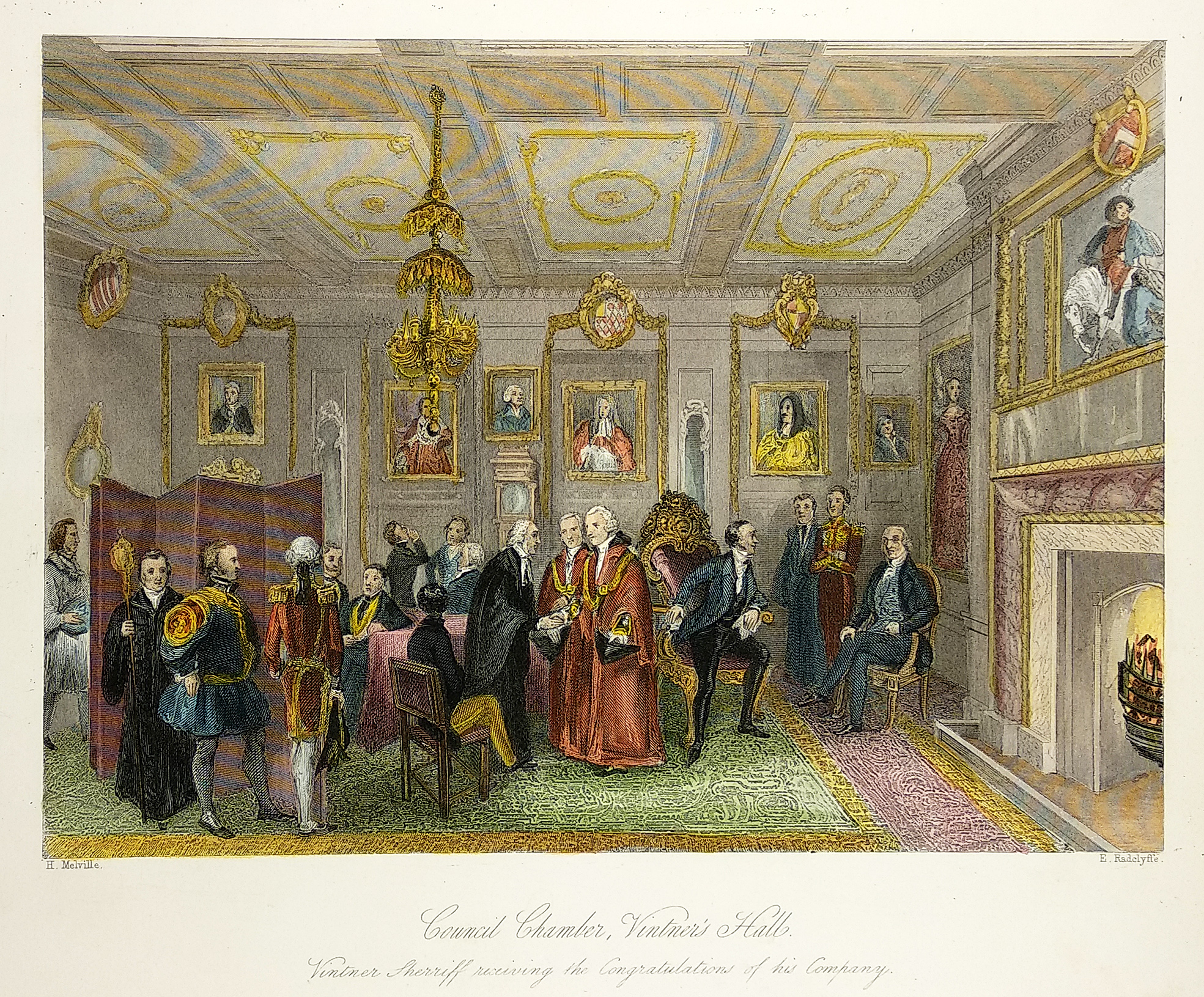 Council Chamber, Vintner's Hall. Vintner Sherriff receiving the Congratulations of his Company. - Antique Print from 1841