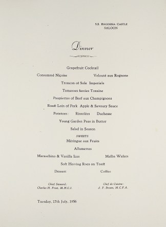 Union-Castle Line – Klipspringer MENUS & DINNER INVITATIONS