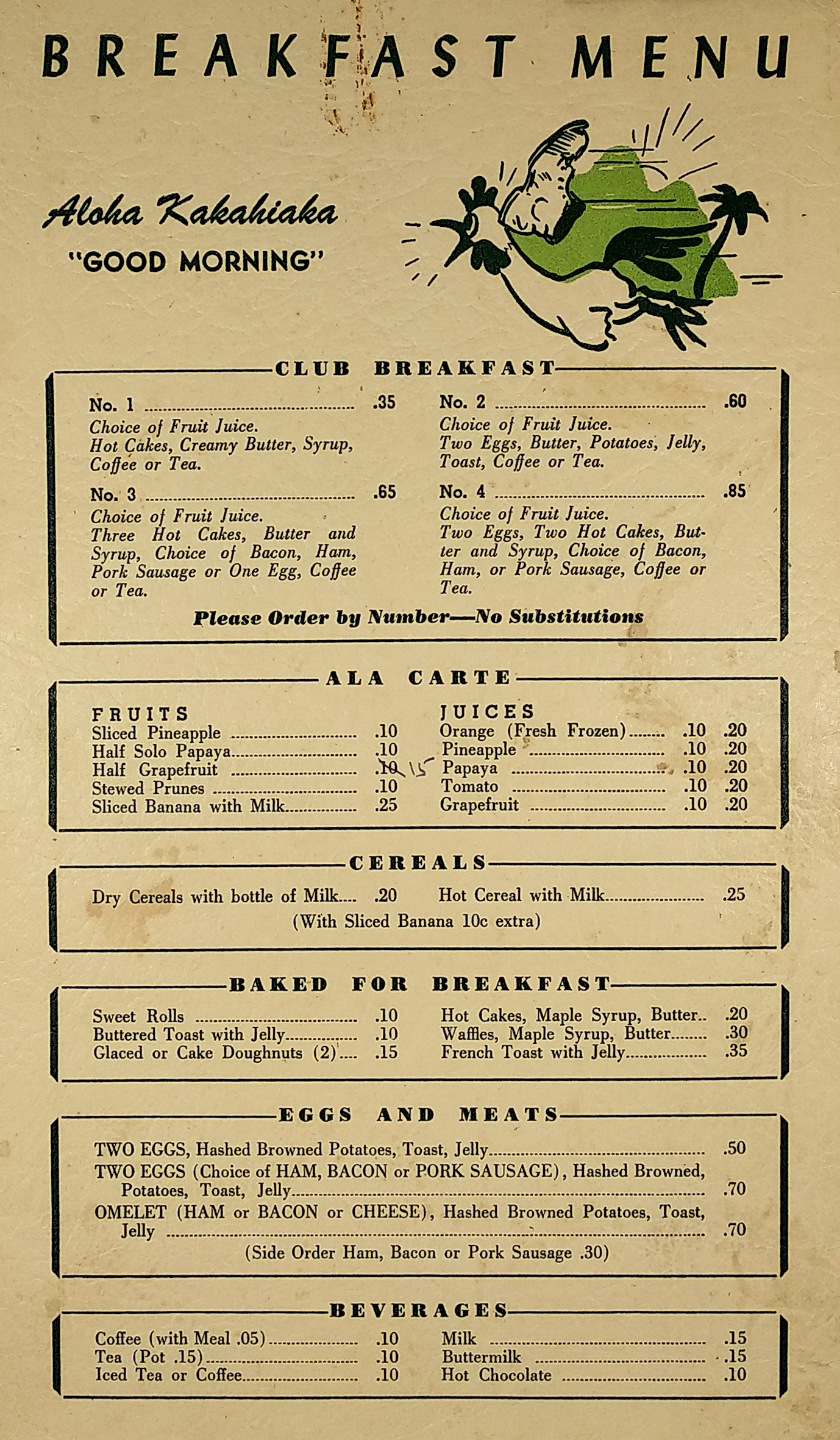 Menu: Restaurant Armed Services YMCA Honolulu Hawaii. - Vintage Print from 1953