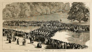 The procession of boats at Cambridge. Rowing, canoeing, kayaking