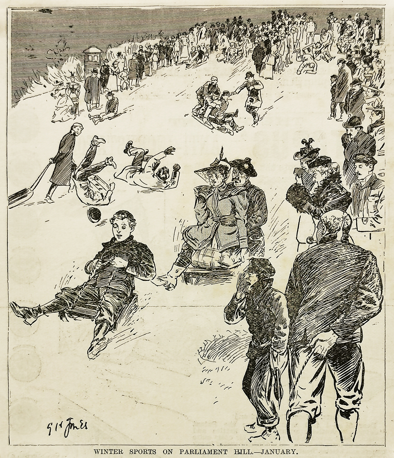 Winter sports on Parliament Hill - January. - Antique Print from 1894