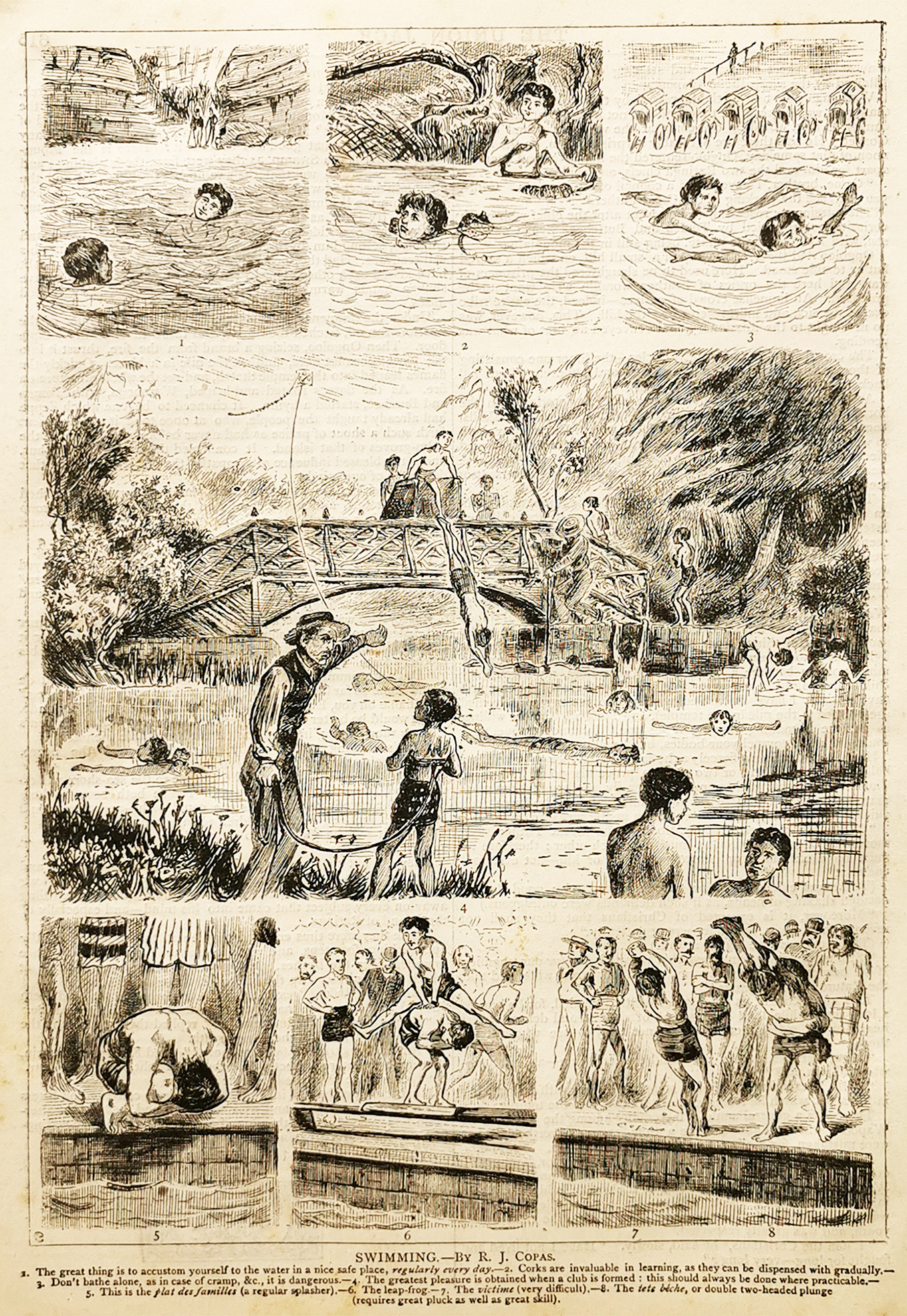 Swimming - Antique Print from 1882