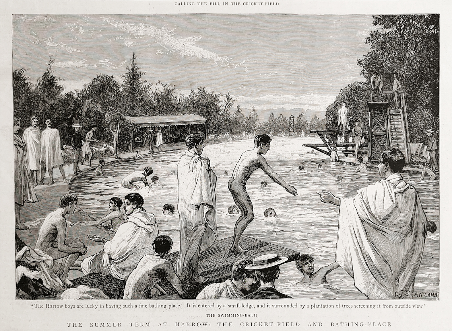 The Swimming-Bath. The Summer Term at Harrow: the Cricket-Field and Bathing-Place. - Antique Print from 1892