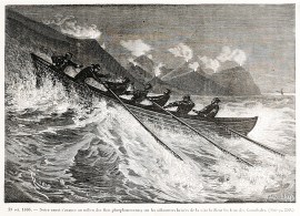 2t oct. 1866 - Notre eanots' avance au miliue des flots phosphorescents; sur les silhouettes brisees de la cote brillent les feux des cannibales.