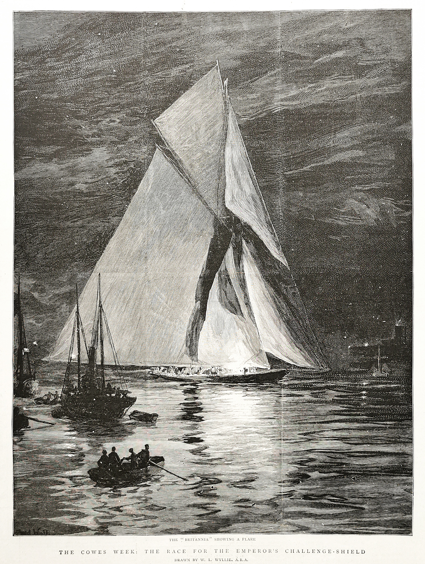 The "Britannia" showing a flare. The Cowes Week, the Race for the Emperor's Challenge-Shield. - Antique Print from 1893