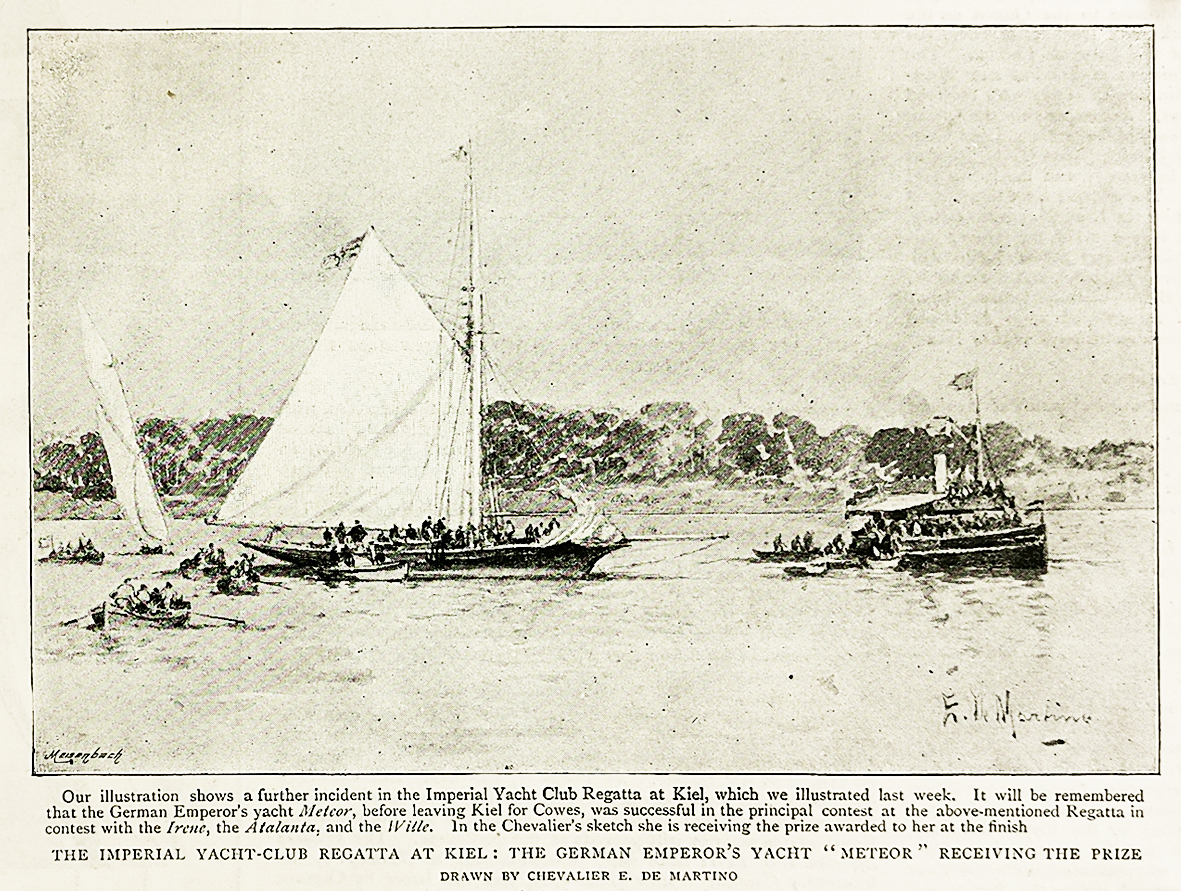 The Imperial Yacht-Club Regatta at Kiel, the German Emperor's Yacht "Meteor" receiving the Prize - Antique Print from 1893