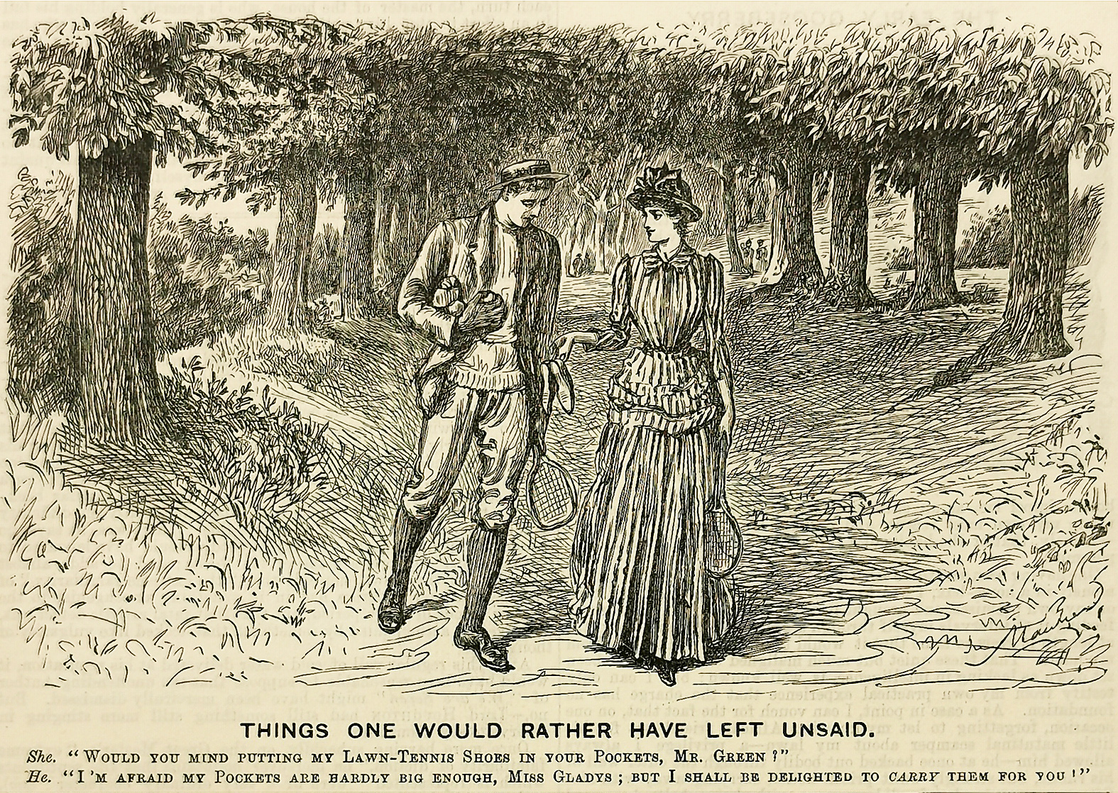 Things one would rather have left unsaid. - Antique Print from 1885