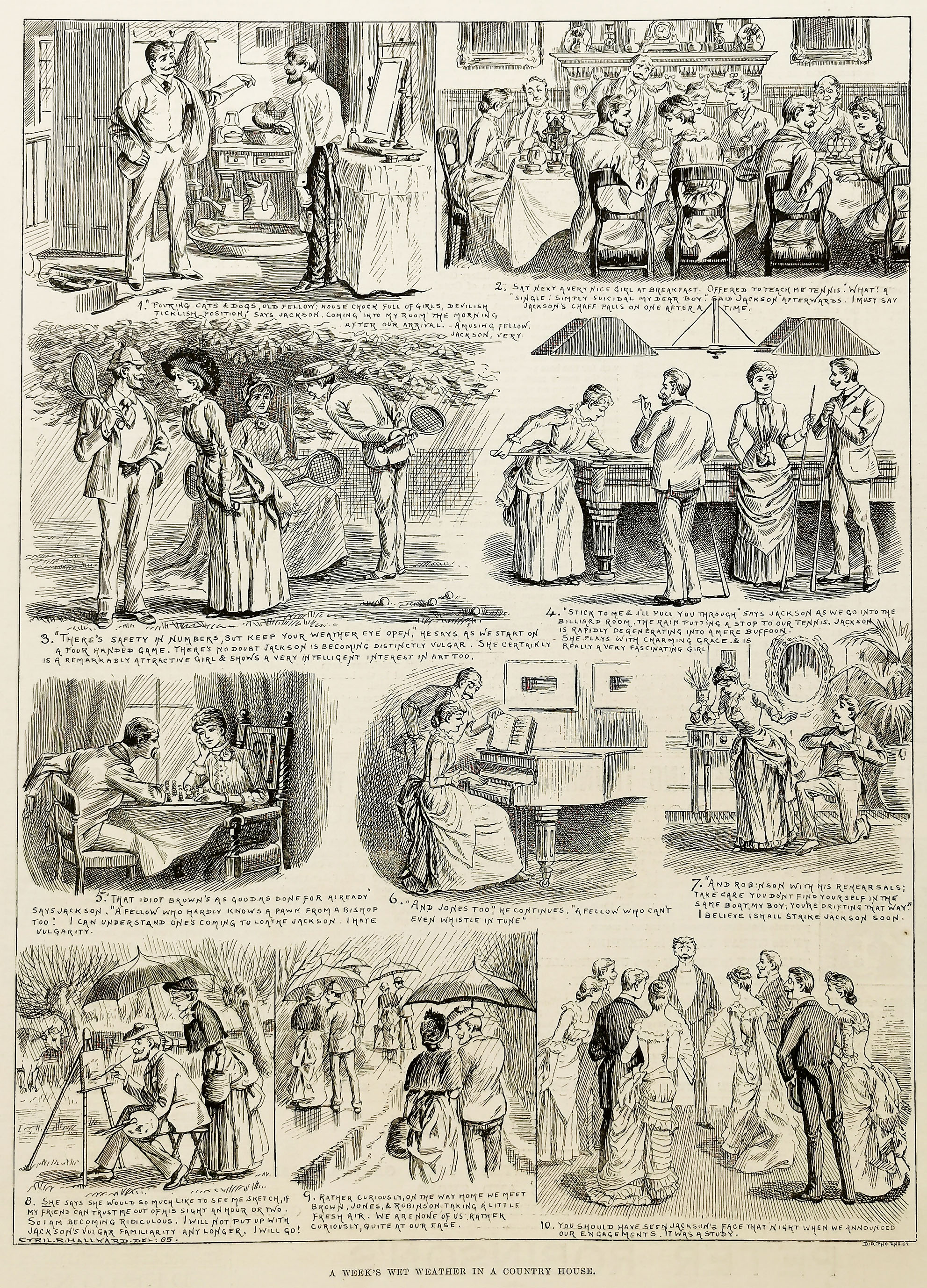 A Week's Wet Weather in a Country House. - Antique Print from 1886