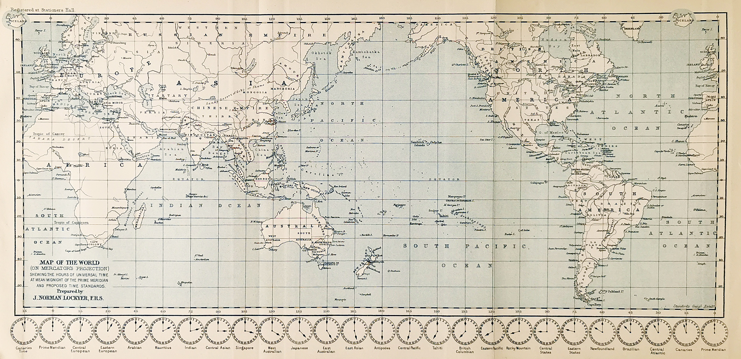 Map of the World (on Mercator's Projection) Shewing the Hours of Universal Time at Mean Midnight of the Prime Meridian - Antique Print from 1893