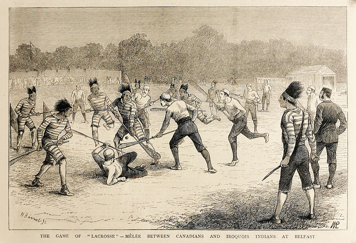 The Game of "Lacrosse" - Melee between Canadians and Iroquois Indians at Belfast. - Antique Print from 1876