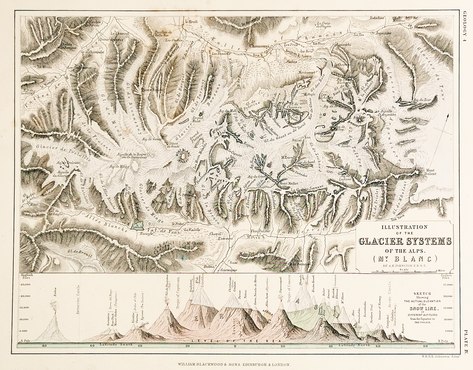Illustration of the Glacier Systems of the Alps. (Mt Blanc) - Antique Map from 1850