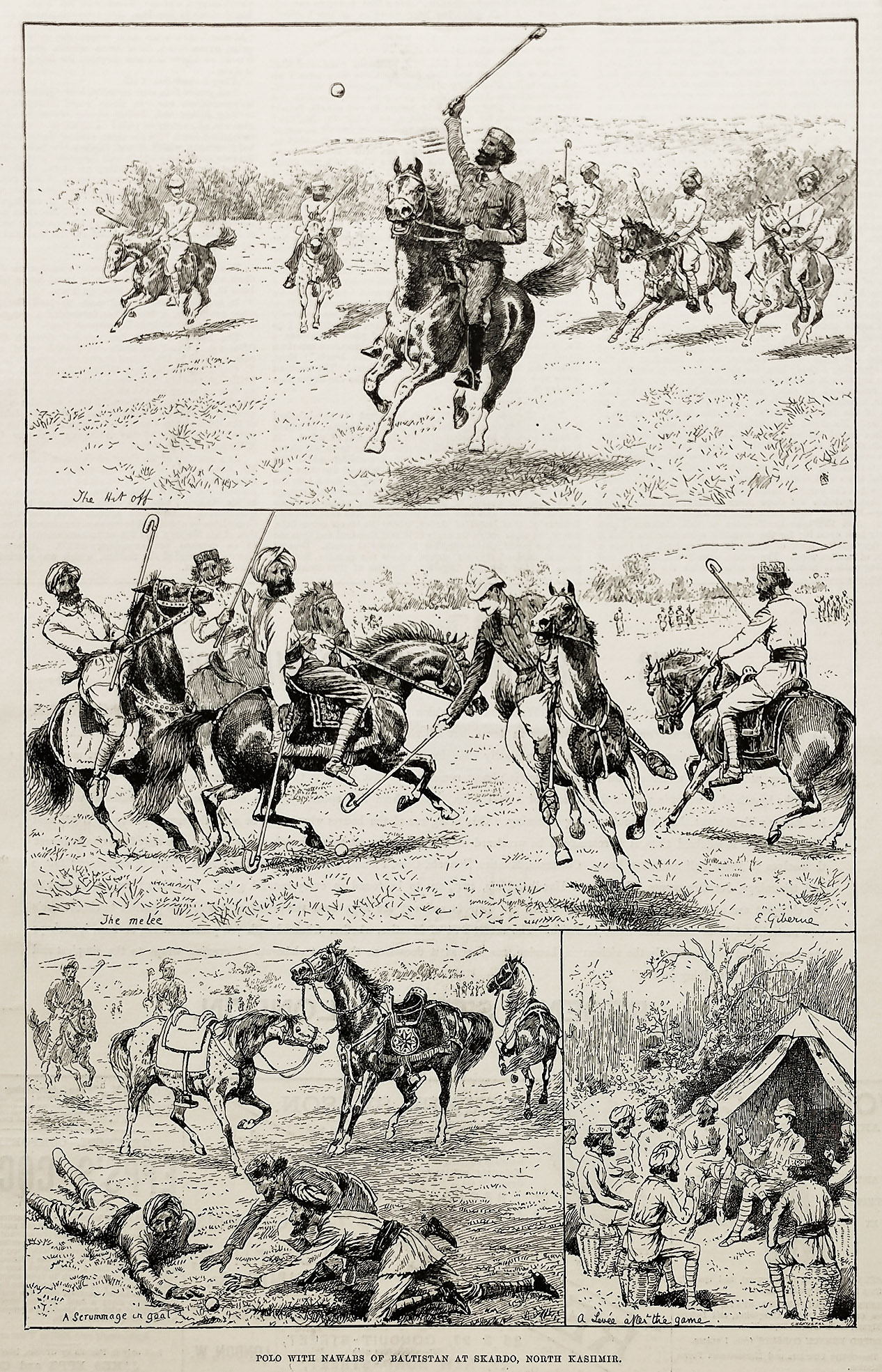 Polo with Nawabs of Baltistan at Skardo, North Kashmir. - Antique Print from 1889