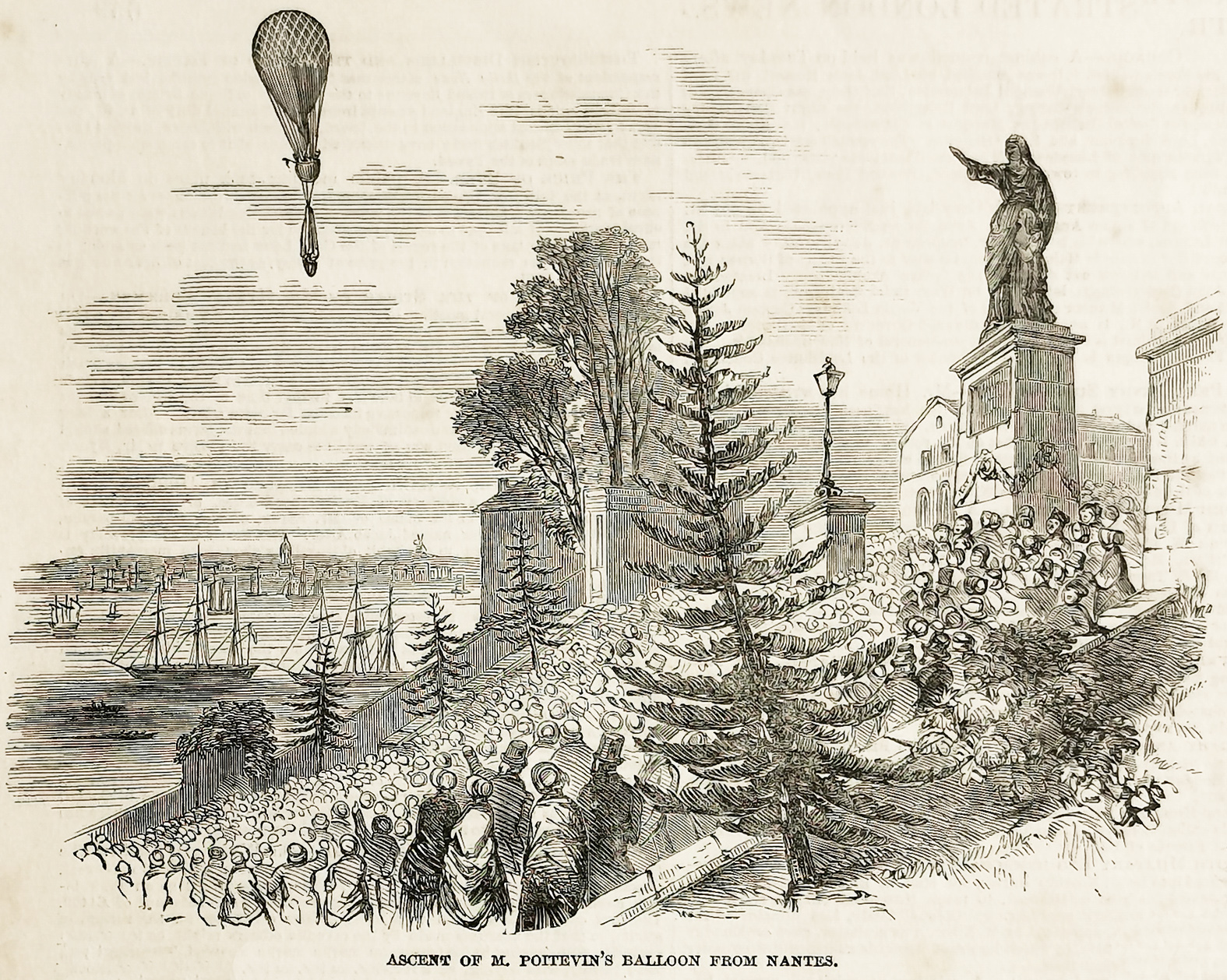 Ascent of M Poitevin's Balloon from Nantes. - Antique Print from 1851
