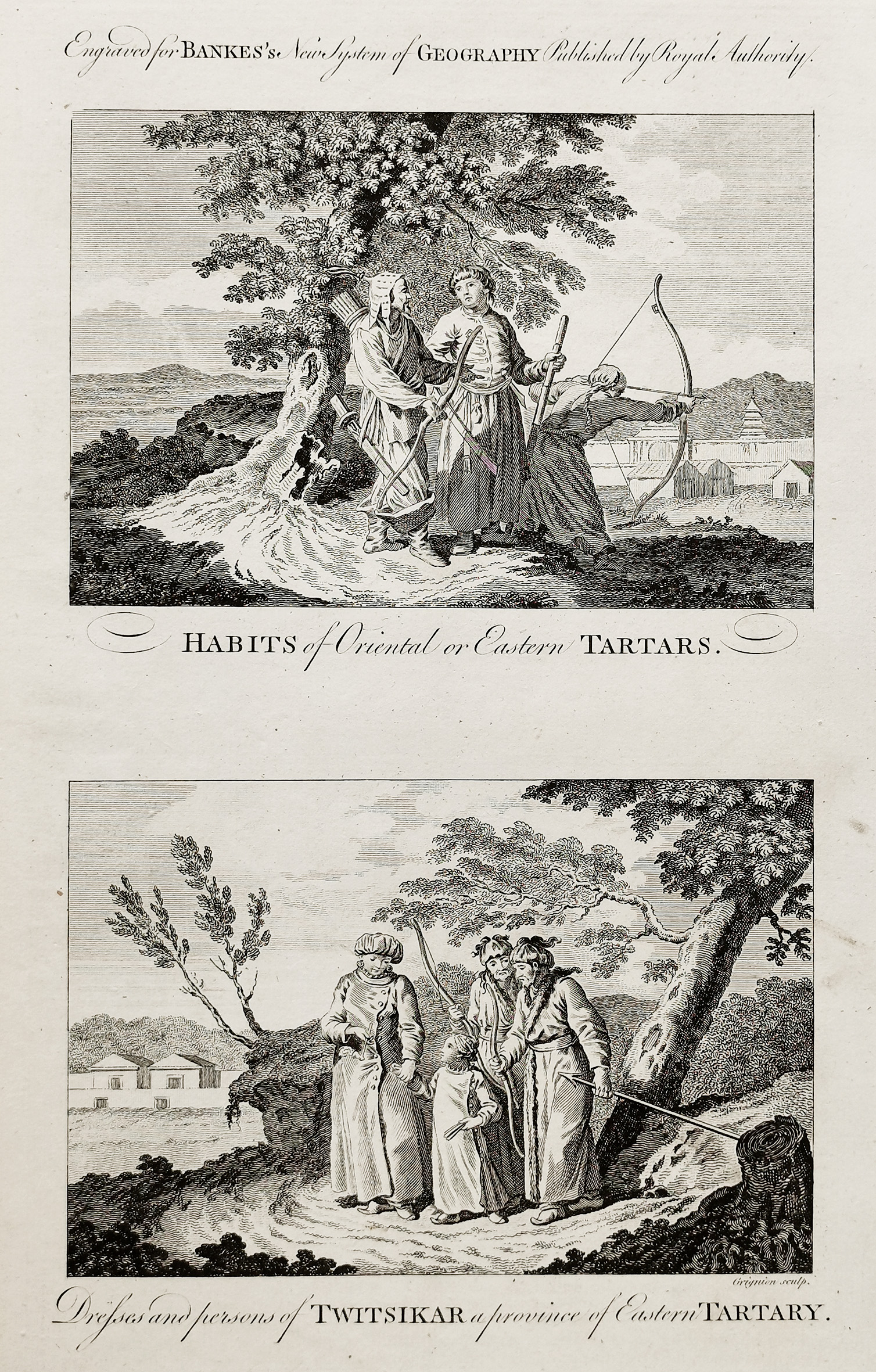 "Habits of Oriental or Eastern Tartars". "Dresses and persons of Twitsikar a province of Eastern Tartary" - Antique Print from 1790