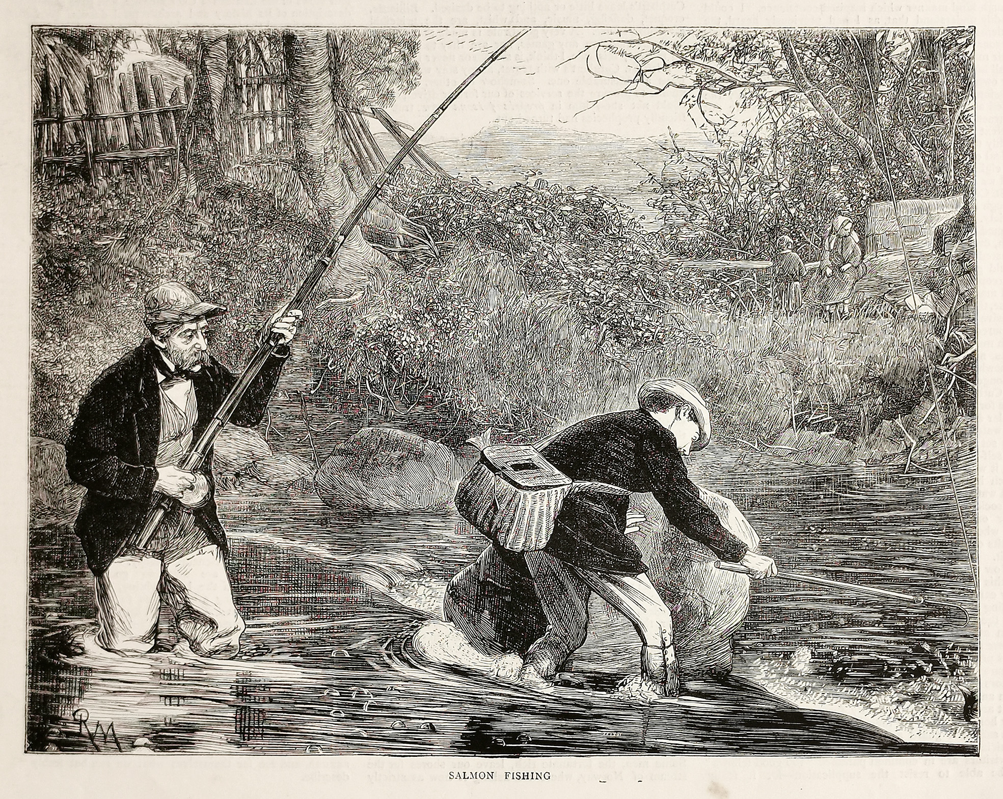 Salmon Fishing. - Antique Print from 1871