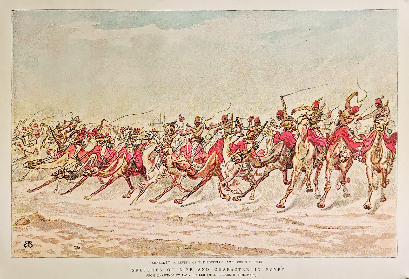"Charge!" - A Review of the Egyptian Camel Corps at Cairo - Antique Print from 1889