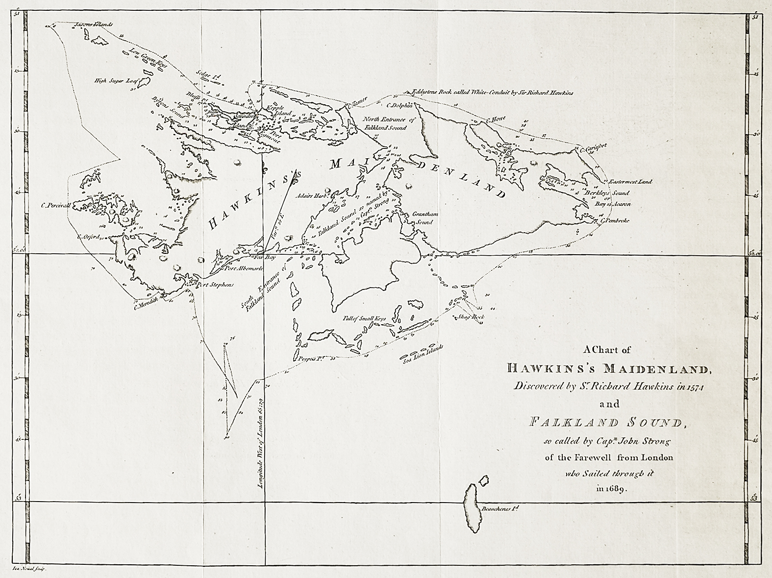 A Chart of Hawkins's Maidenland, Discovered by Sr. Richard Hawkins in 1574 and Falklands Sound, so called by Capn. John Strong of the Farewell from London who Sailed through it in 1689. - Antique Map from 1773
