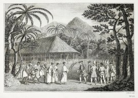 [A Representation of the Surrender of the Island of Otaheite to Captain Wallis by the Supposed Queen Oberea.]