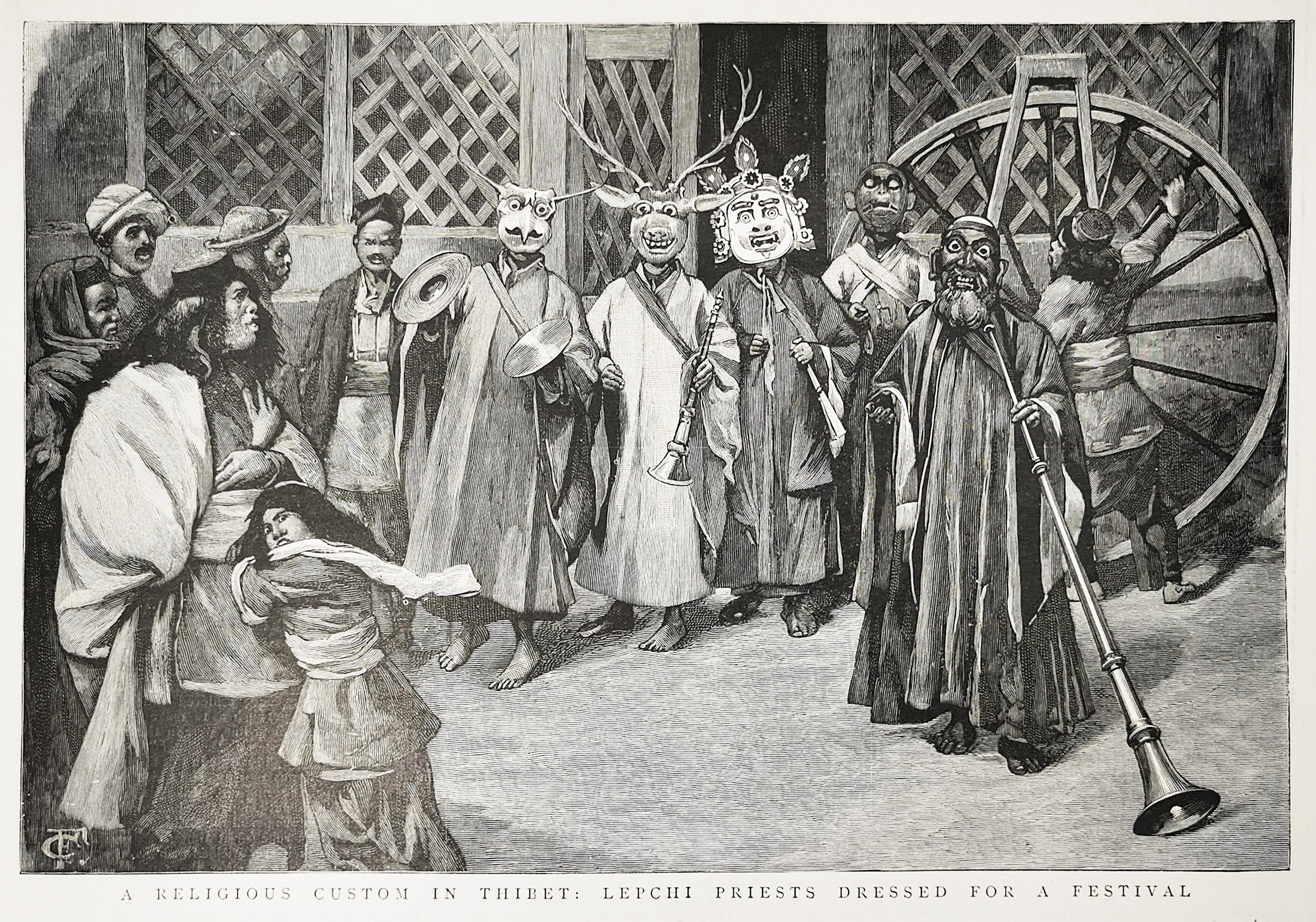 A Religious Custom in Thibet, Lepchi Priests dressed for a Festival. - Antique Print from 1895