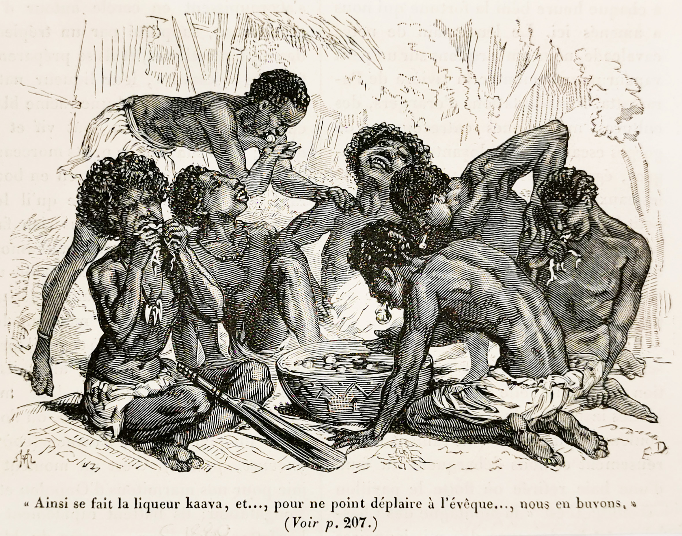 "Ainsi se fait la liqueur kaava, et..., pour ne point deplaire a l'eveque..., nous en buvons." - Antique Print from 1880