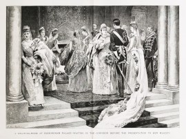 A Drawing-Room at Buckingham Palace, waiting in the Corridor before the Presentation to Her Majesty.