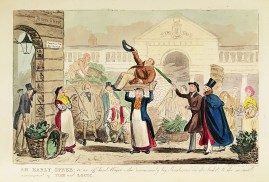 An Early Spree: or an off-hand Wager - the "uncommonly big Gentleman" in the basket, to the no small amusement of Tom and Logic.