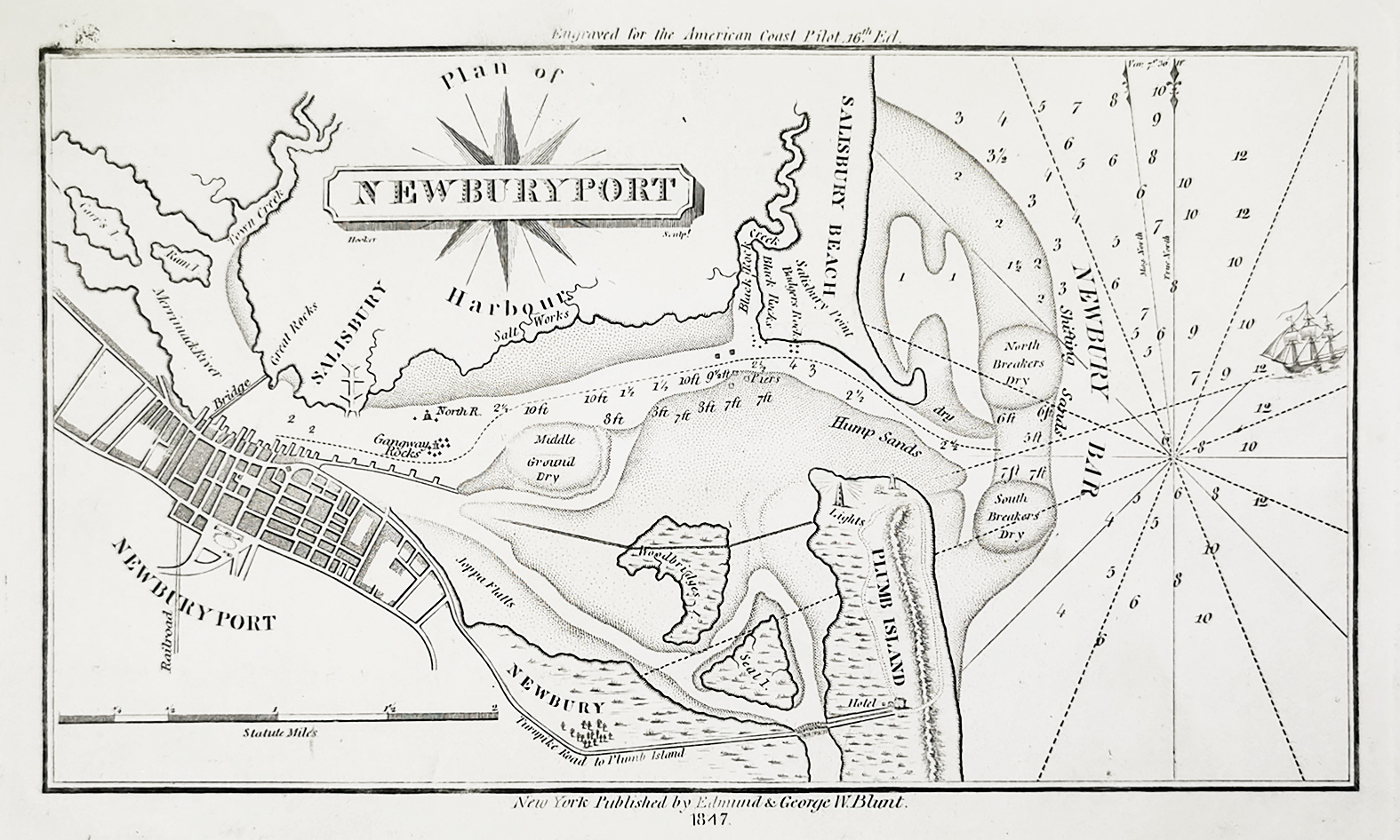 Plan of Newburyport Harbour - Antique Print from 1851