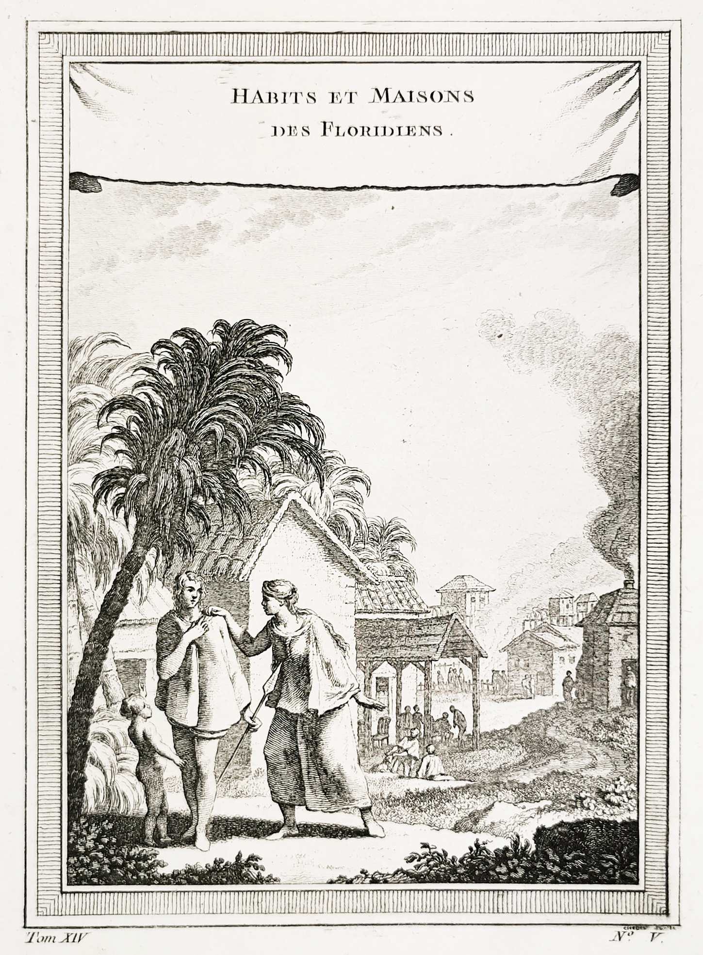 Habits et Maisons des Floridiens. - Antique Print from 1764