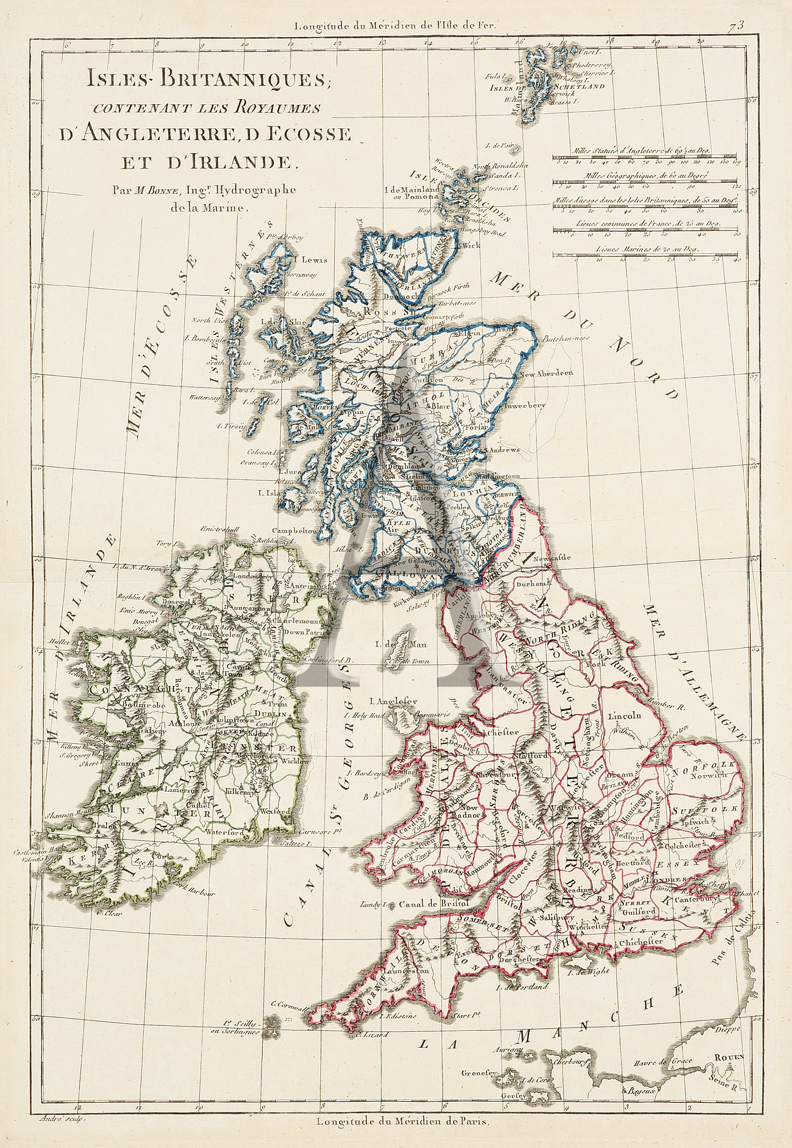 Isles Britanniques Contenant les Royaumes D'Angleterre, D Ecosse et D'Irlande - Antique Print from 1788