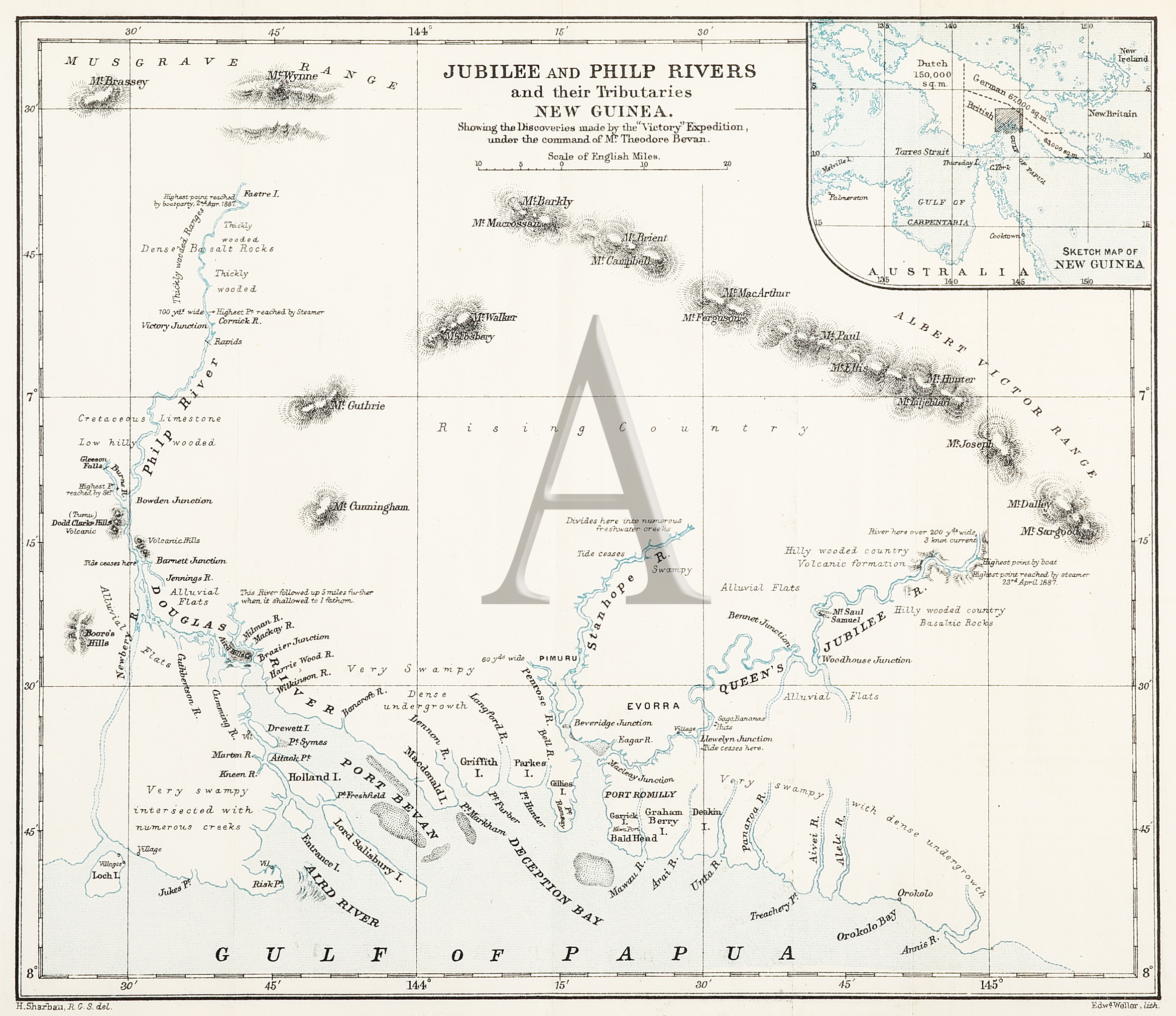 Jubilee and Philp Rivers and their Tributaries New Guinea - Antique Map from 1887
