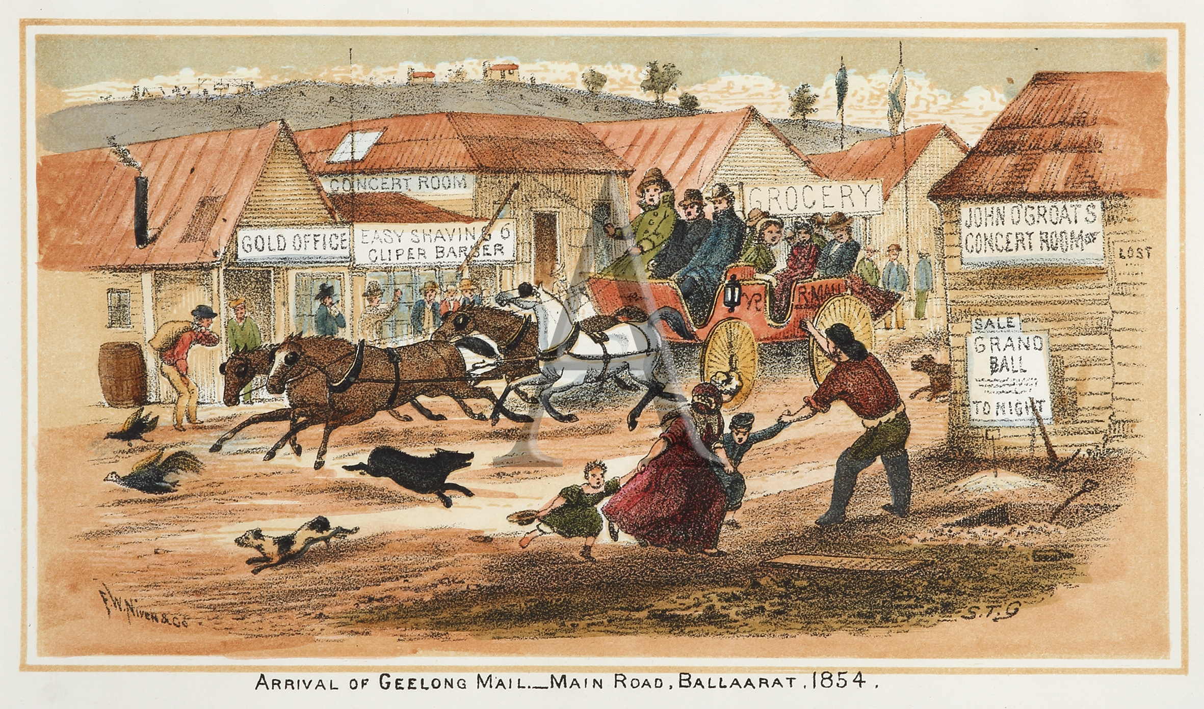 Arrival of Geelong Mail - Main Road, Ballarat, 1854. - Antique View from 1887