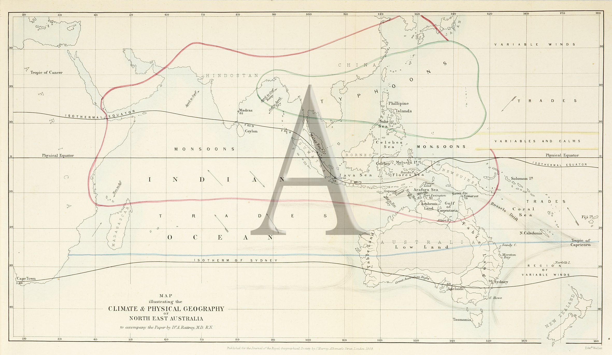 Map Illustrating the Climate & Physical Geography of North Eastern Australia - Antique Map from 1868