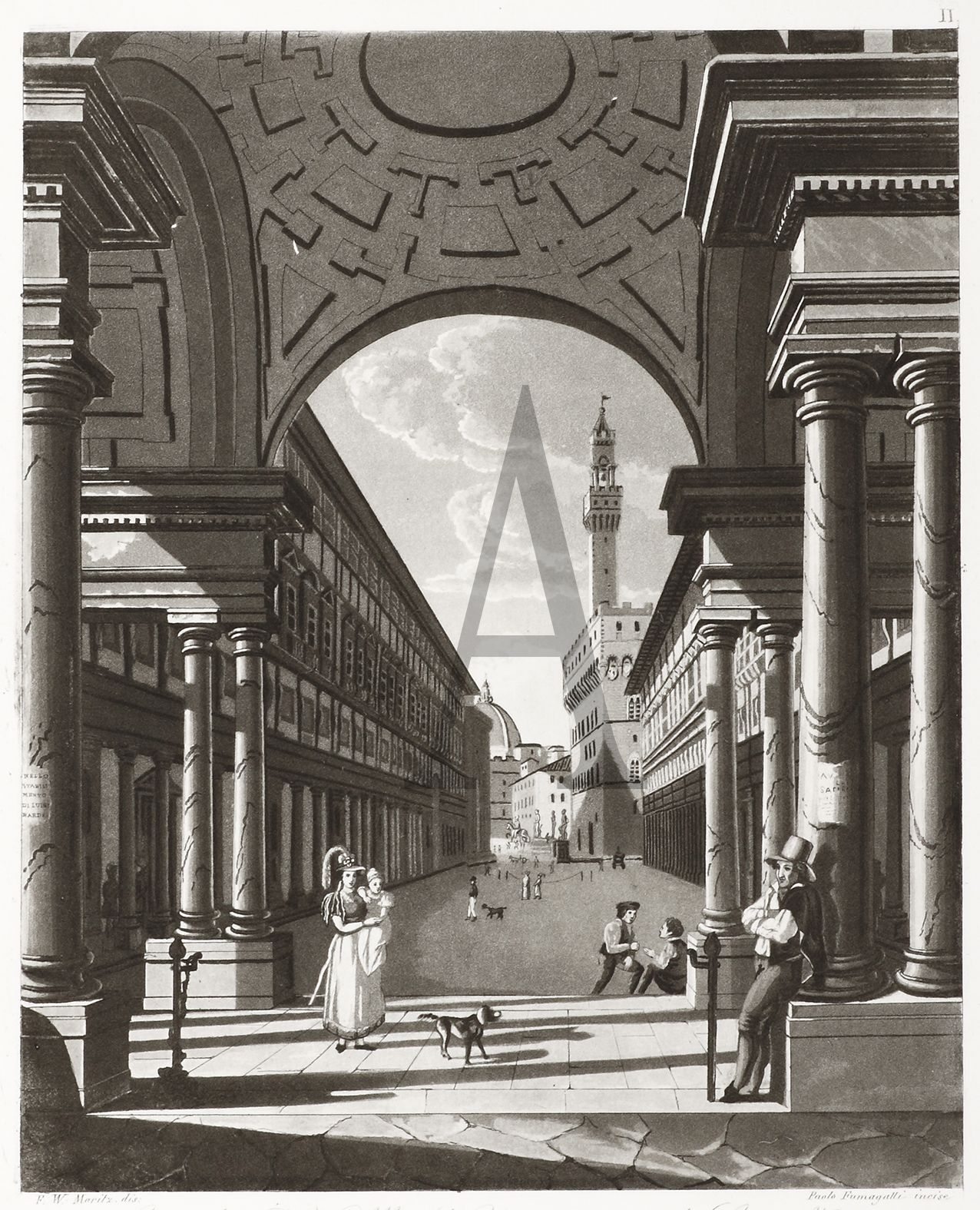 Veduta dei Regi Uffizi di Firenze presa da Lungo l'Arno. - Antique Print from 1840