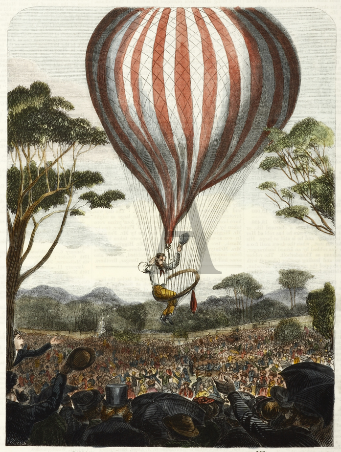 Balloon Ascent by Mr.Gale in the Domain, Sydney. - Antique Print from 1870