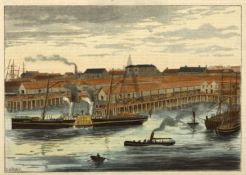New Wharves of the Newcastle steamship company, Lime Street, Sydney. - Antique Print from 1881
