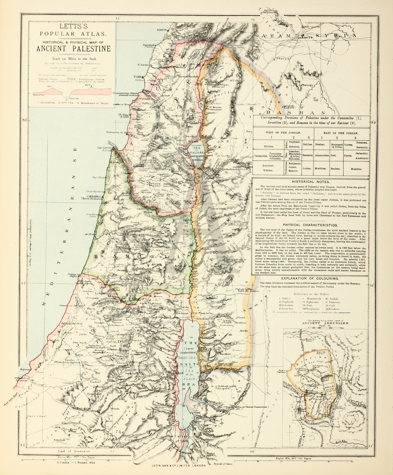 Historical & Physical Map of Ancient Palestine. - Antique Print from 1881