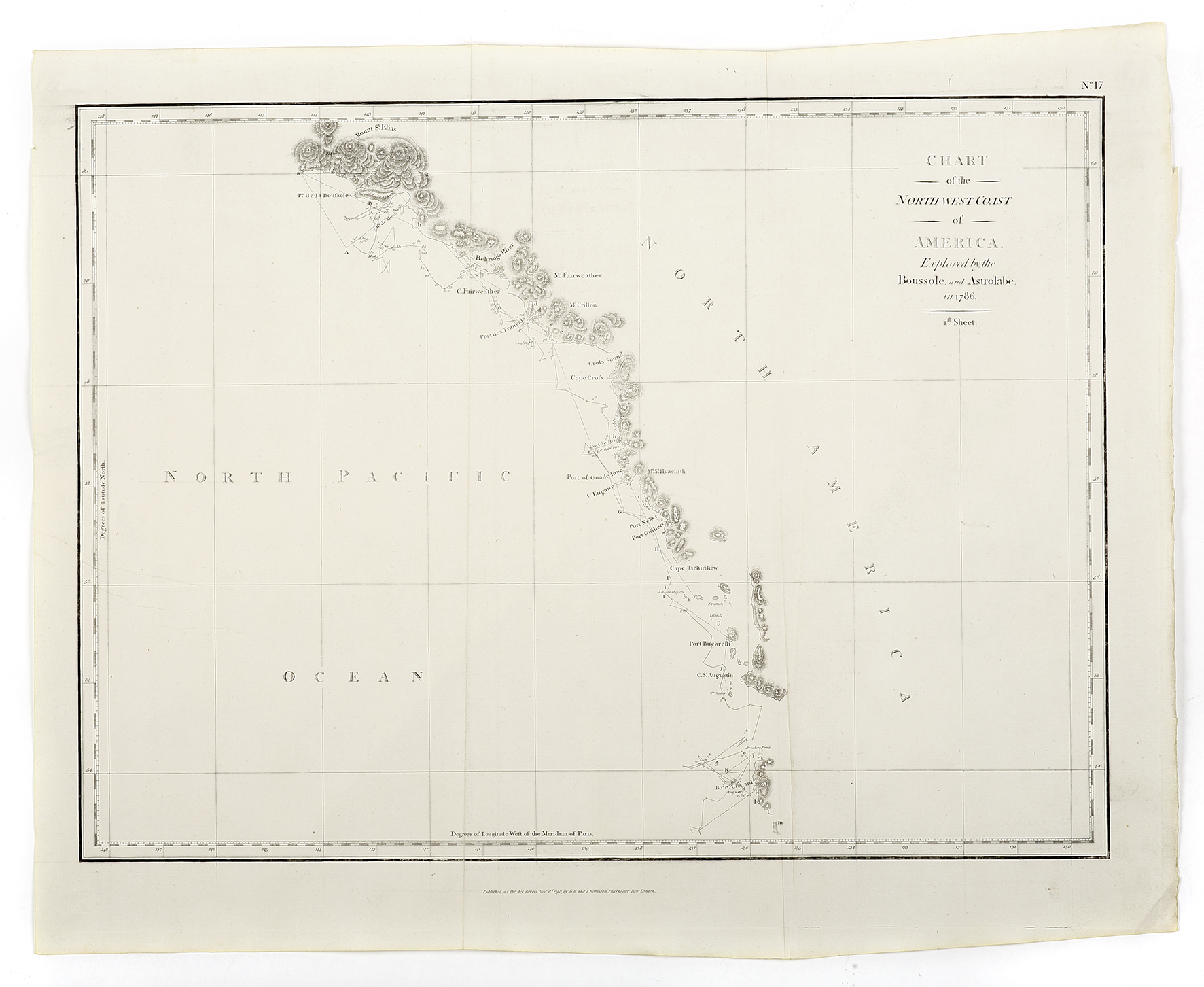 Chart of the North West Coast of America Explored by the Boussole & Astrolabe in 1786.  1st. Sheet. - Antique Map from 1798