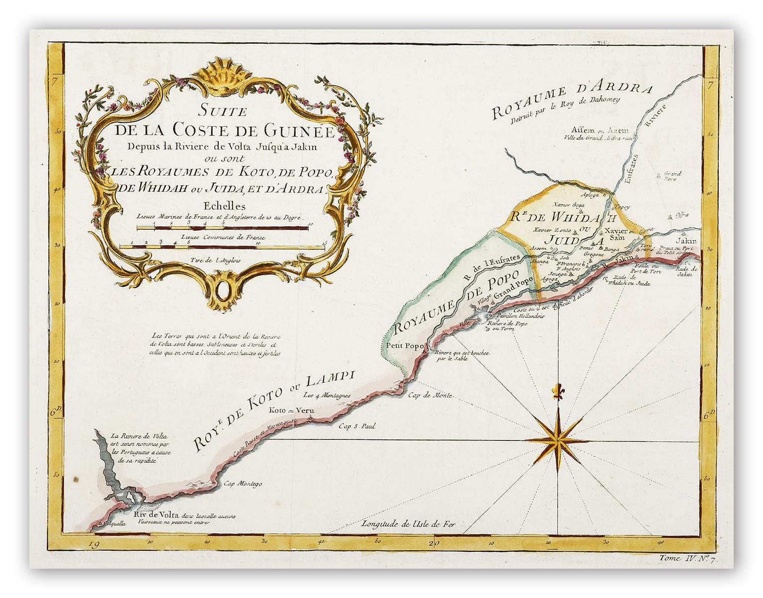 Suite de la Coste de Guinee Depuis la Riviere de Volta Jusqua Jakin ou sont les Royaumes de Koto, de Popo, de Whidah ou Juida, et D'Ardra. - Antique Map from 1764