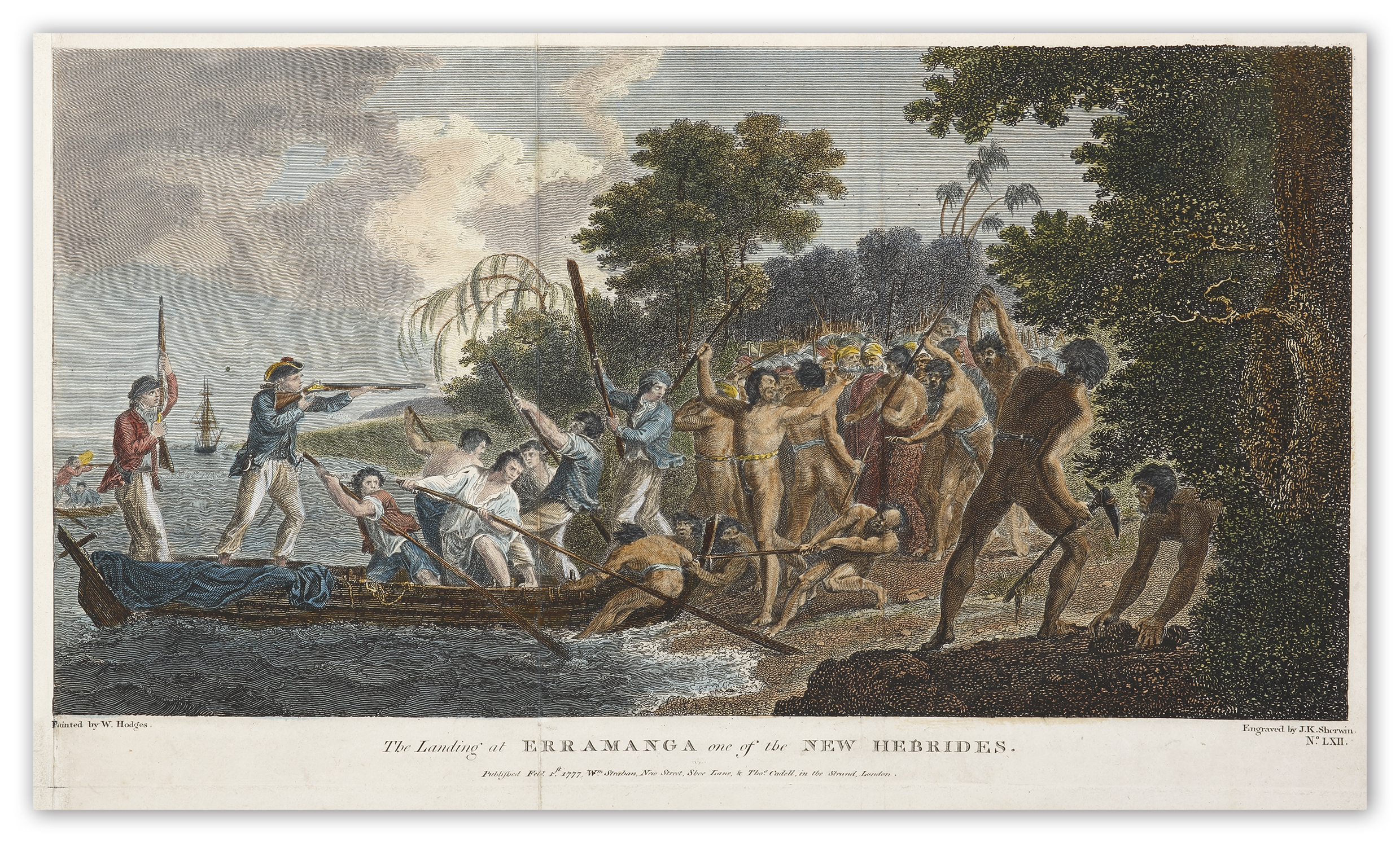 The Landing at Erramanga one of the New Hebrides. (Eromanga) - Antique Print from 1777
