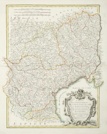 Carte des Gouvernements de Languedoc, de Foix et de Roussillon avec la Partie Orientale du Governement de Guinne. Assujiettie au Ciel Projettee par M.Bonne.