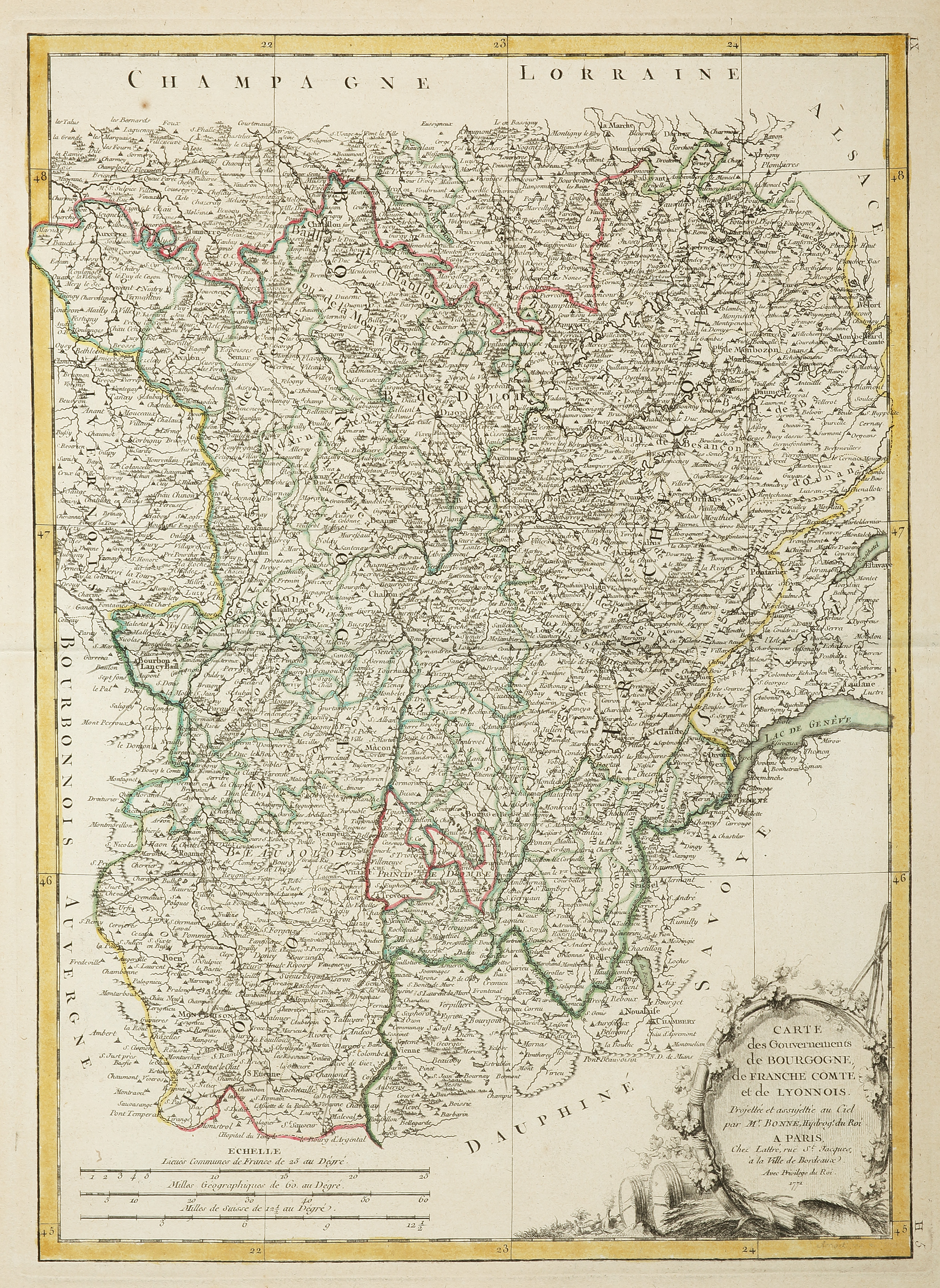 Carte des Gouvernements de Bourgogne, de Franche Comte et de Lyonnois. Projettee et Assujiettie au Ciel par M.Bonne. [Burgundy] - Antique Print from 1771