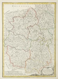 Carte des Gouvernements du Berri, du Nivernois, dela Marche, du Nivernois, de la Marche, du Bourbonnois, du Limosin et de L'Auvergne.. Projettee et Assujiettie au Ciel par M.Bonne. [Burgundy]