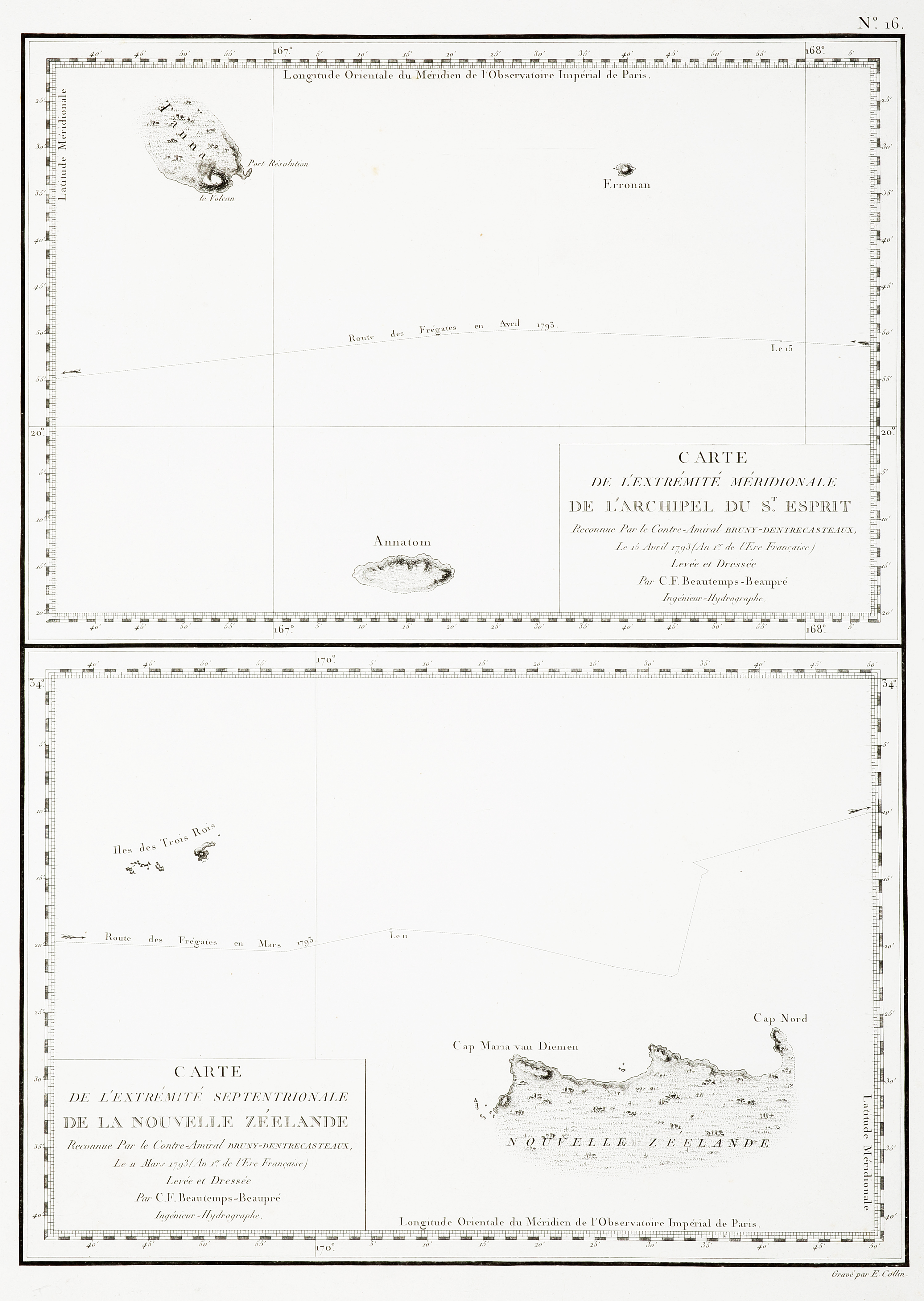 I. Carte de l'extremite Septentrionale De La Nouvelle Zeelande... II.Carte de l'extremite meridionale de l'archipel du St. Esprit,...[New Zealand & Vanuatu] - Antique Print from 1807